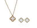 Conjunto Brinco e Colar Trevo Branco Liso Aço Inoxidável Dourado
