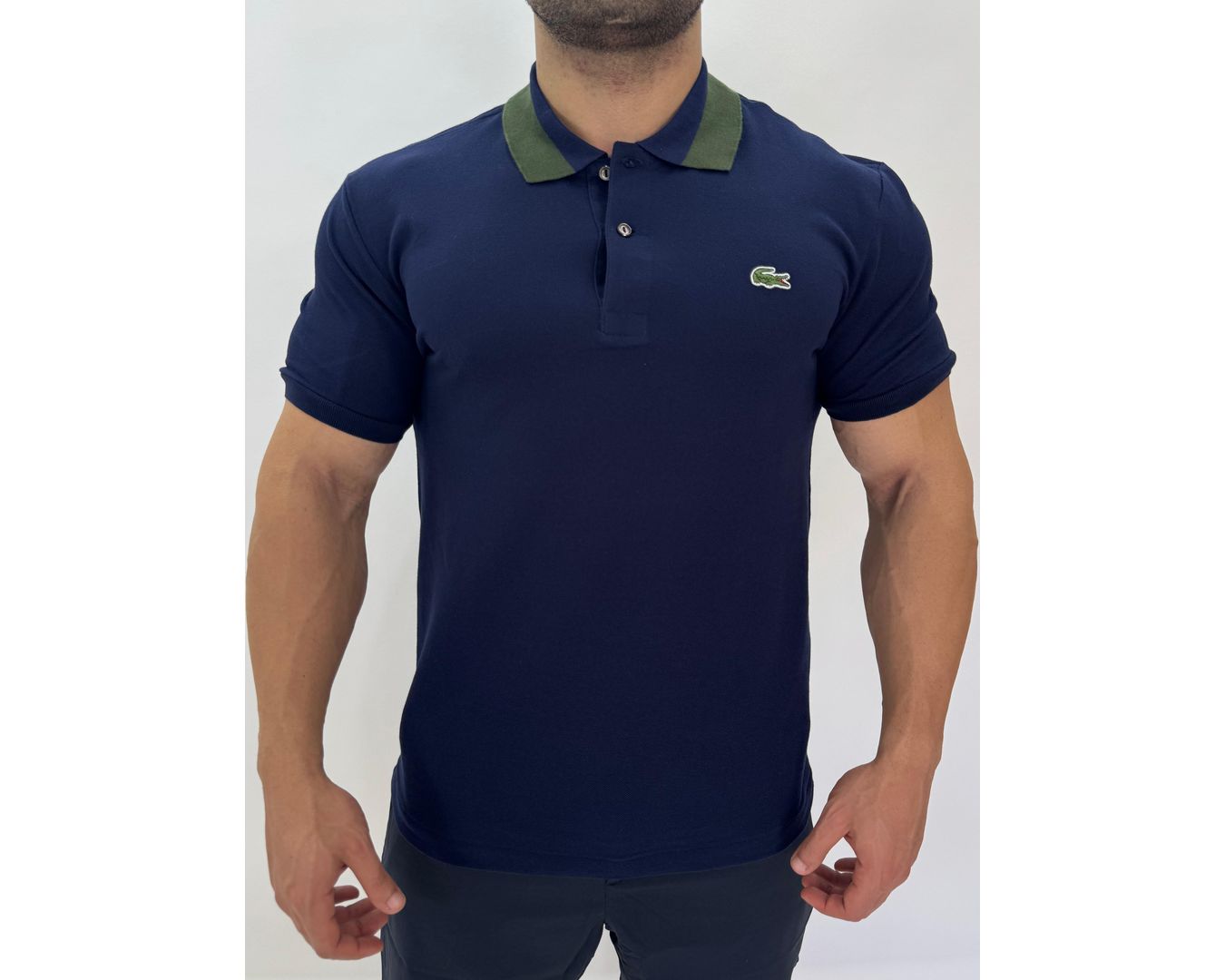 Gola Polo Lacoste Diferenciada Importada - Azul marinho Gola Verde 