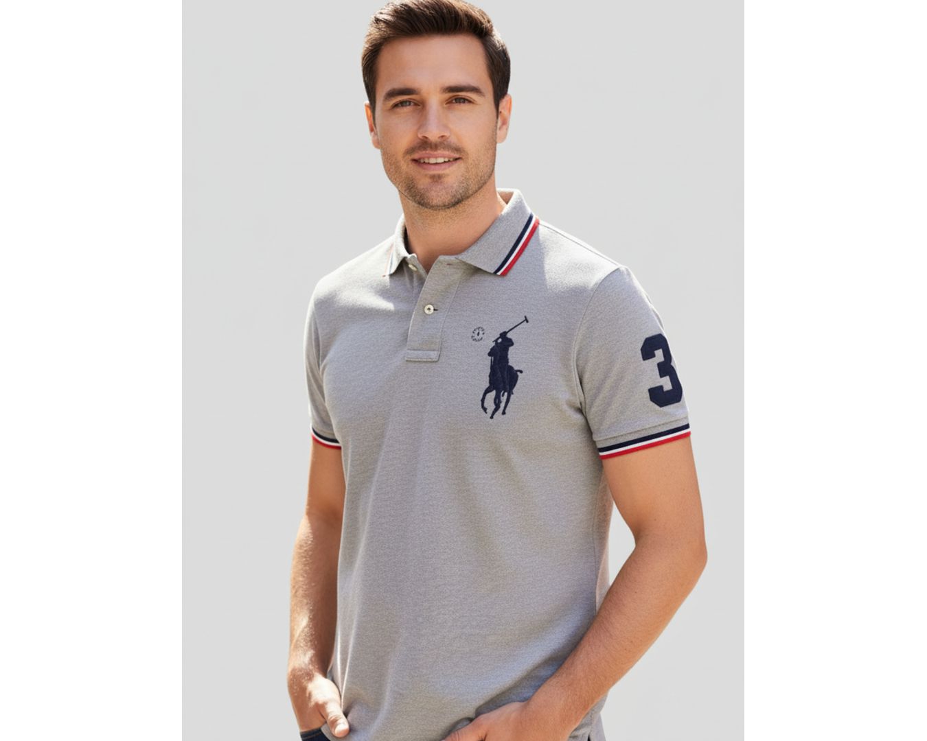 Polo Rauph Lauren Gola - Numeral no Braço - Cinza