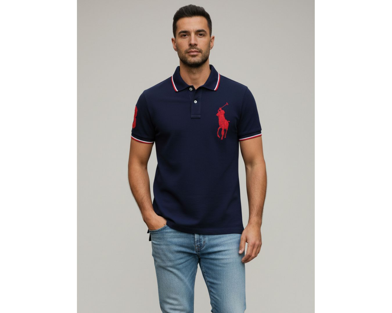 Polo Rauph Lauren Gola - Numeral no Braço - Marinho