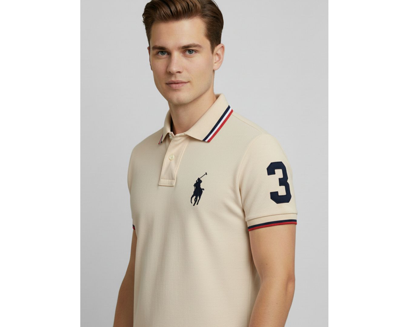 Polo Rauph Lauren Gola - Numeral no Braço - Bege