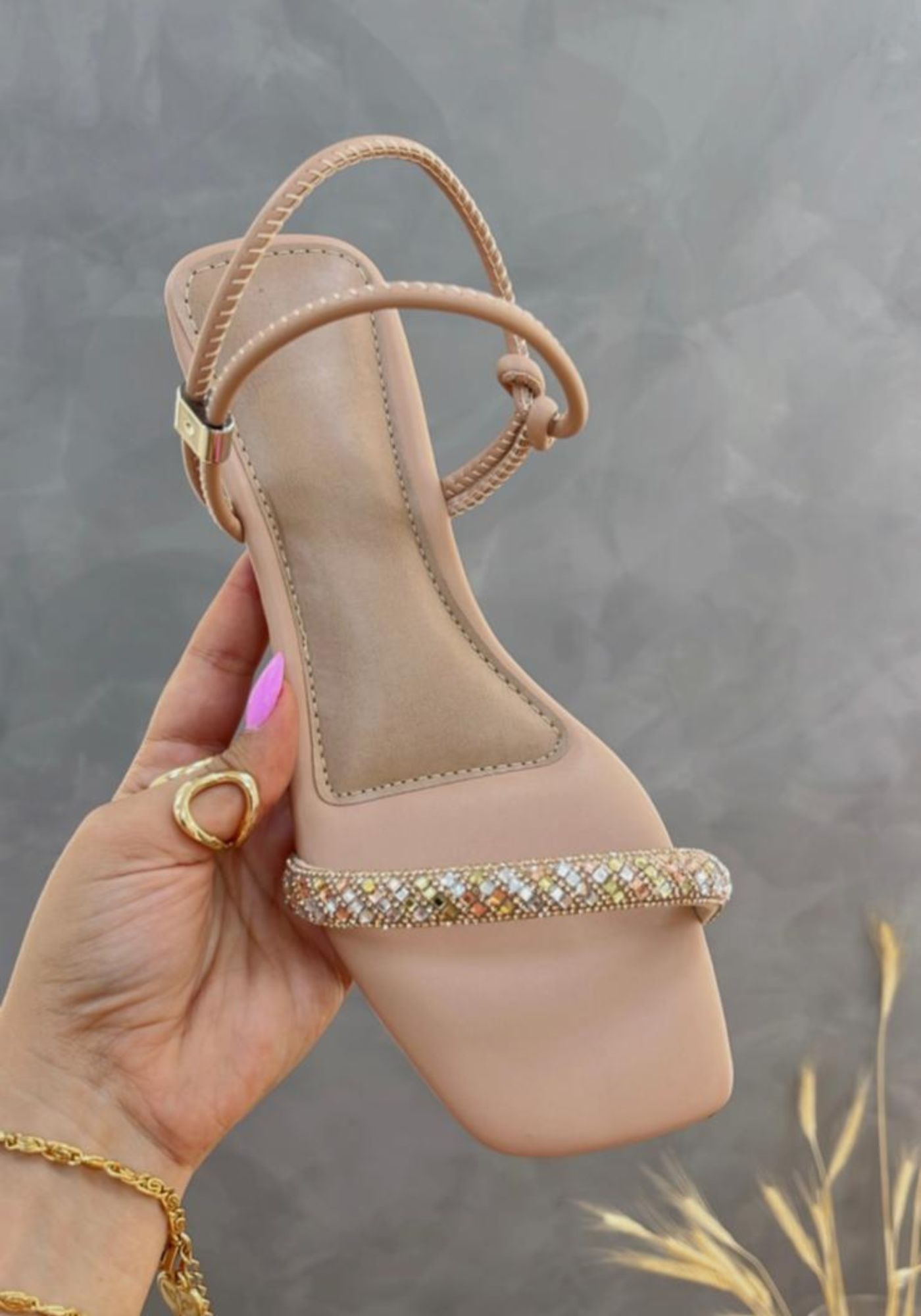 Sandalia Rasteira Bella Nude Strass Colorido - PEGADA DA ONÇA 