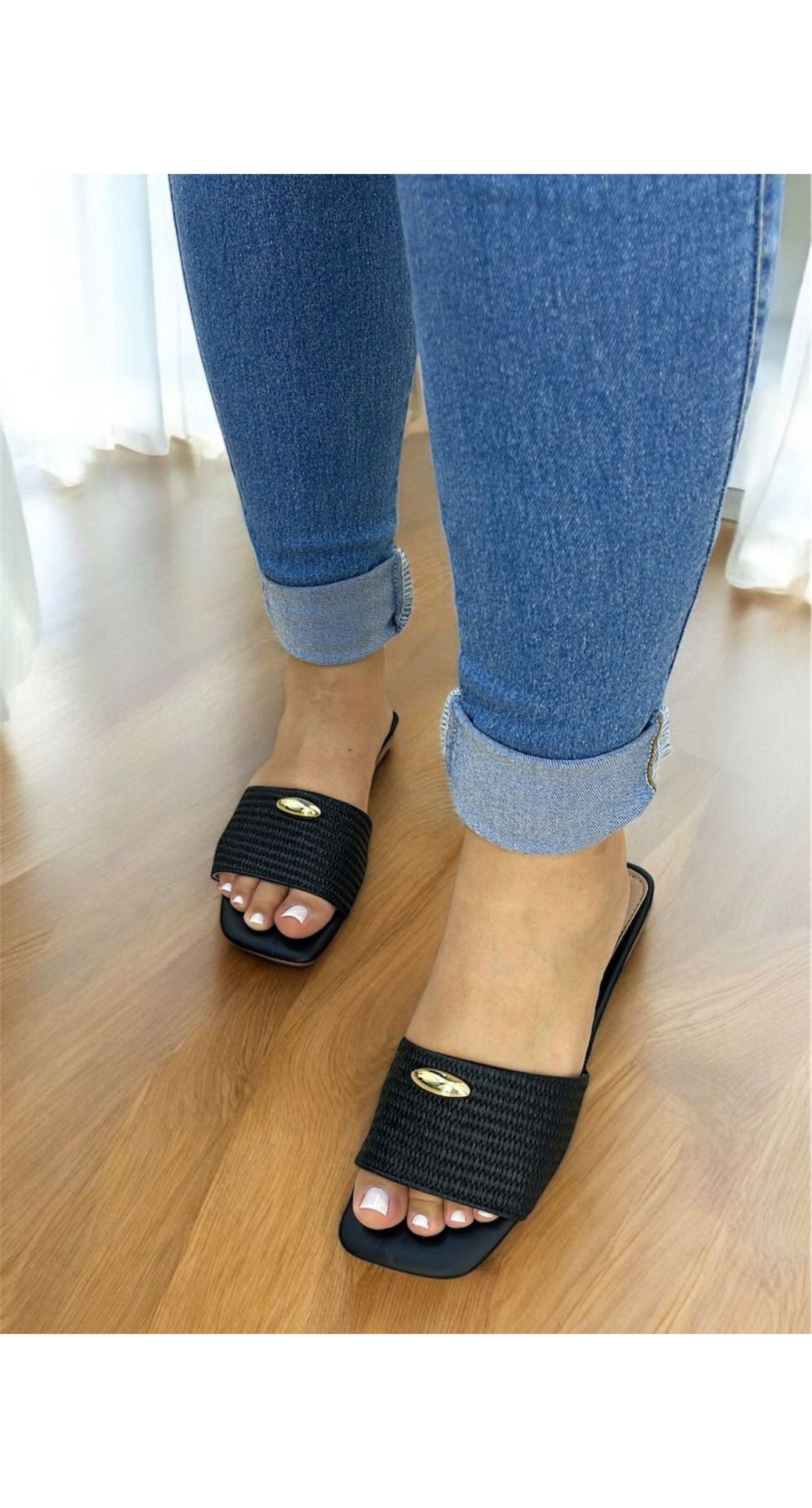 Sandália Rasteira Preto - 1077-Preto - Atacado Pegada Da Onça