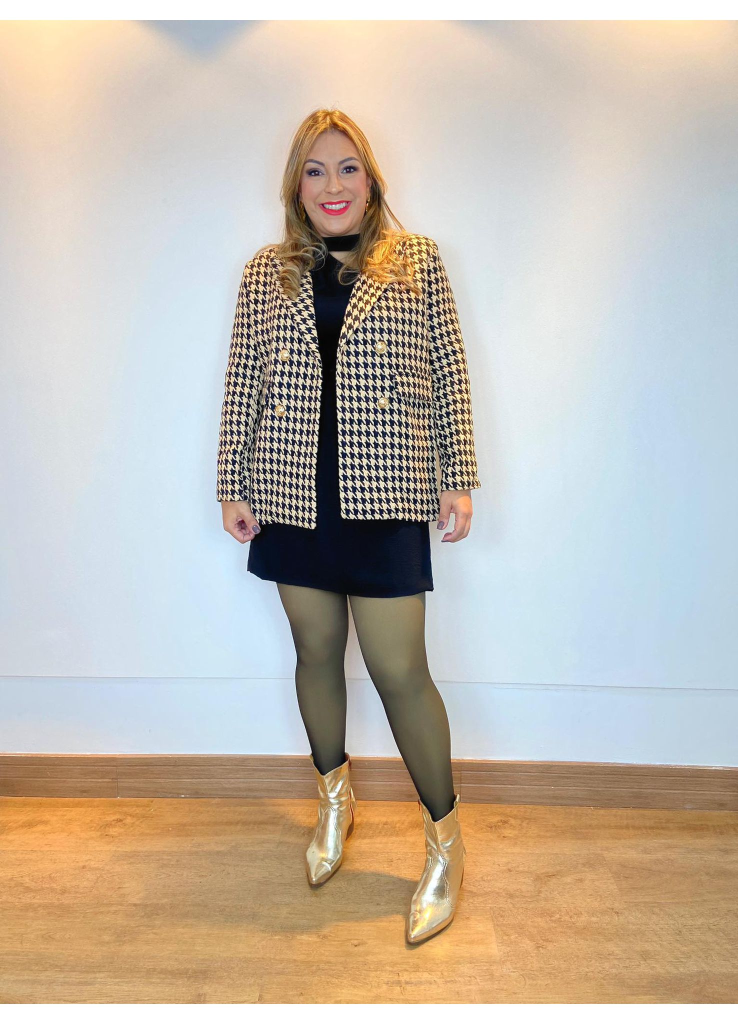 Blazer Tweed Xadrez Preto Com Areia