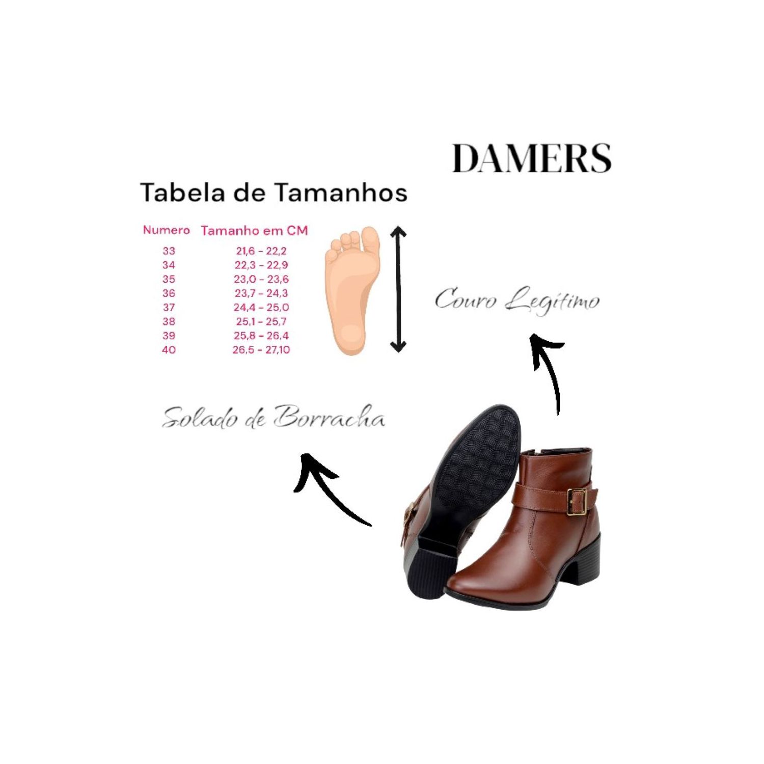 Bota Damers Feminina Cano Curto Couro Legítimo 3 em 1 Marrom