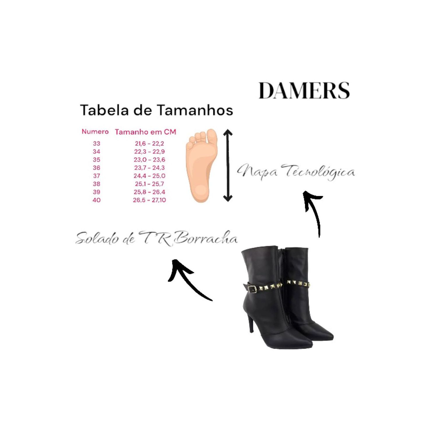 Bota Damers Feminino Cano Médio Salto Fino Preto
