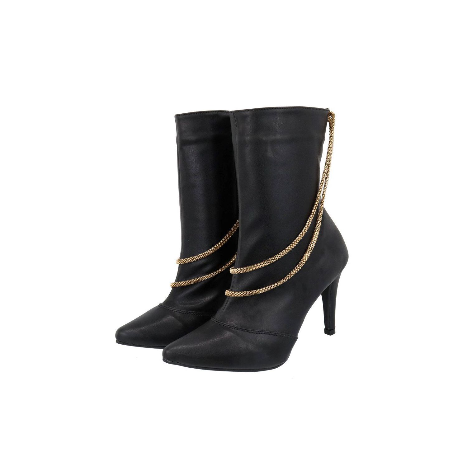 Bota Damers Feminina Salto e Bico Fino com Corrente Preto