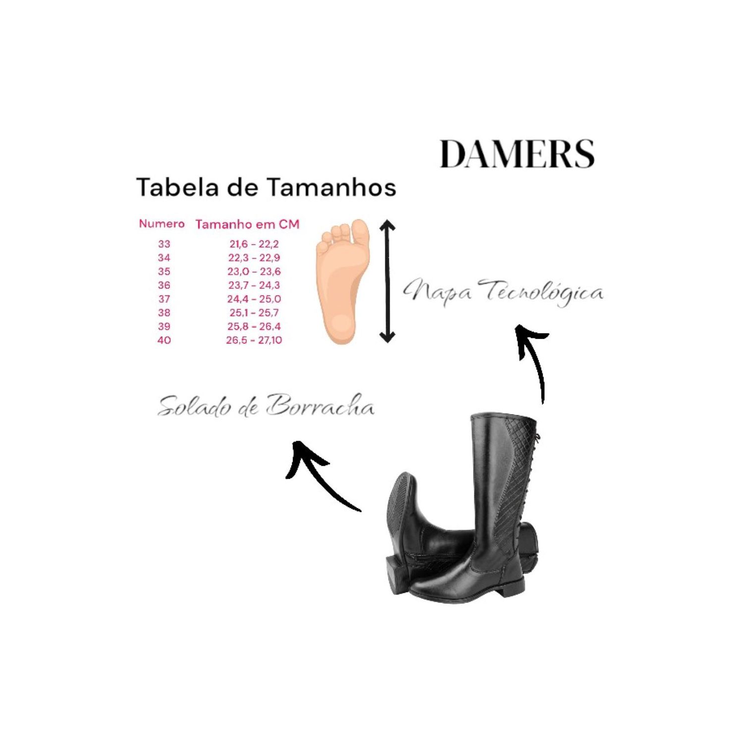 Bota Damers Cano Longo cordas Preto