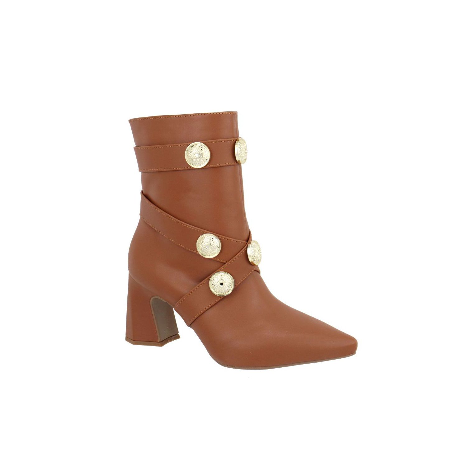 Bota Damers Feminina Salto Bloco Broche Dourado Canela