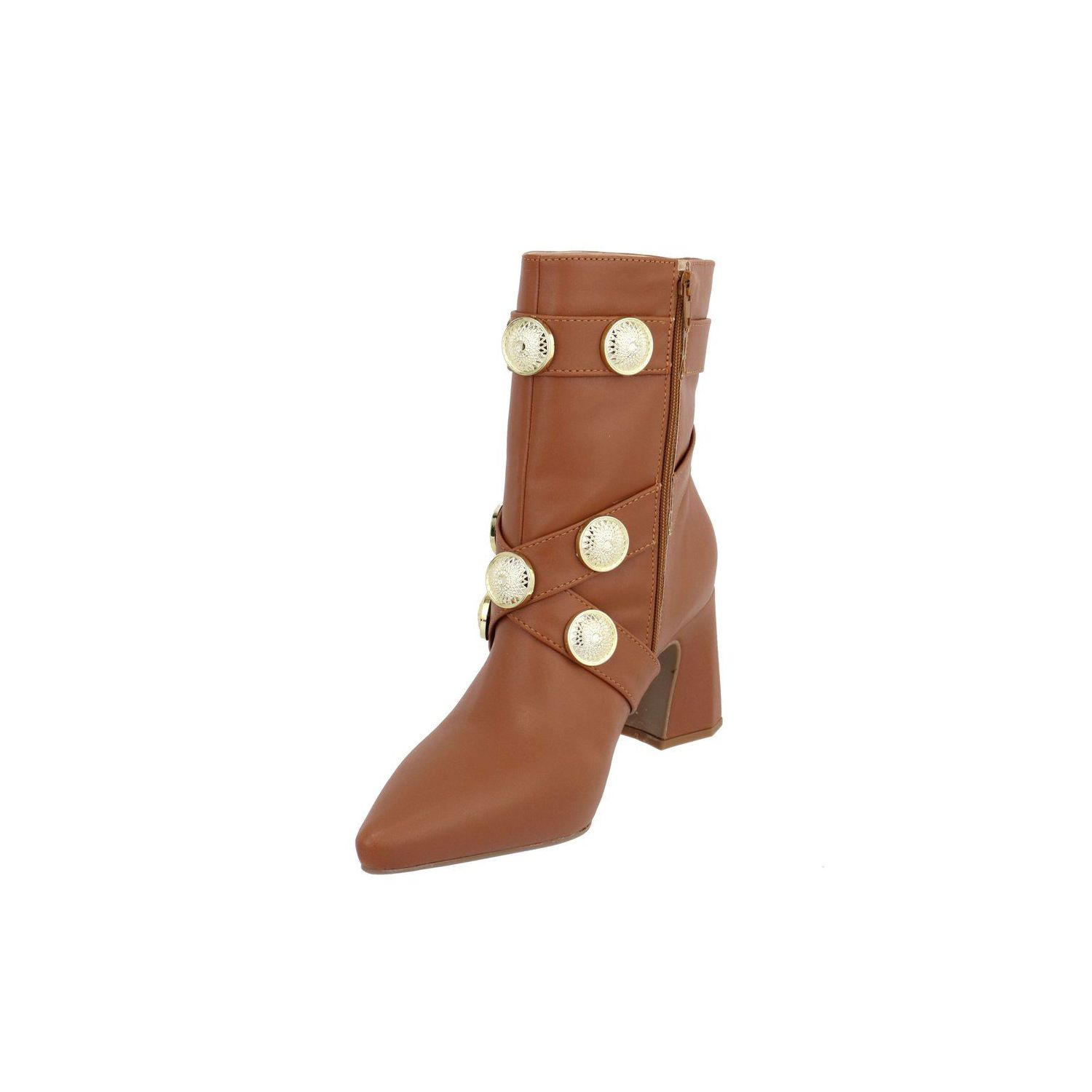 Bota Damers Feminina Salto Bloco Broche Dourado Canela