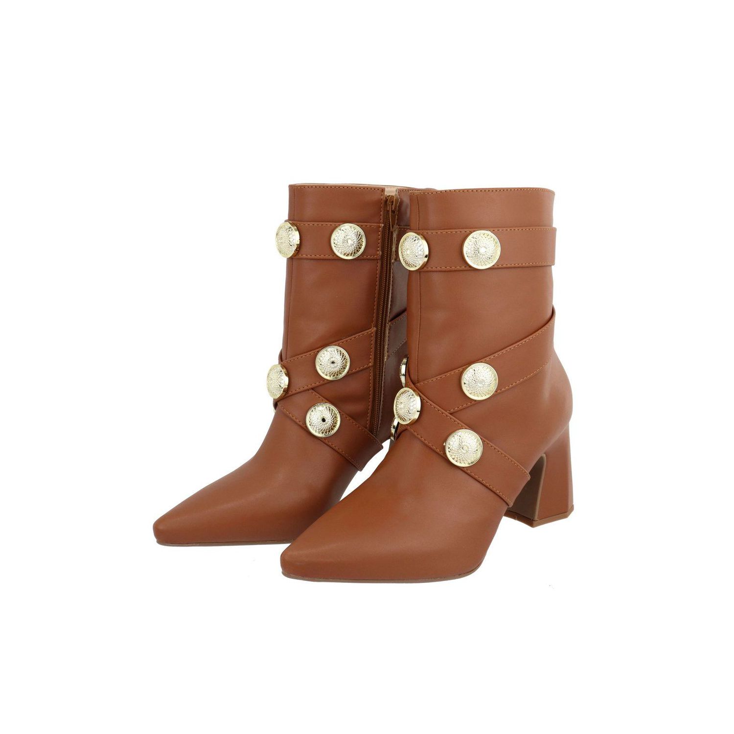 Bota Damers Feminina Salto Bloco Broche Dourado Canela