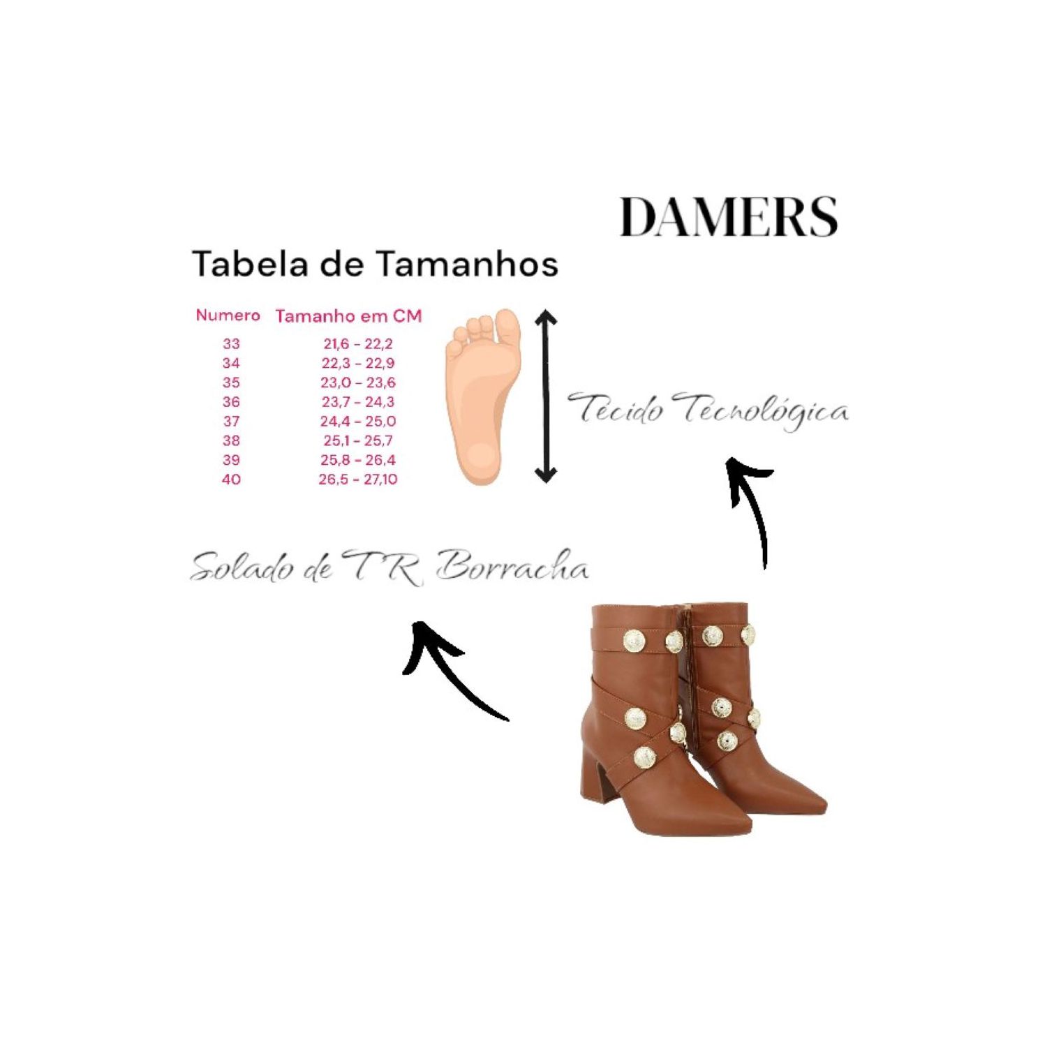 Bota Damers Feminina Salto Bloco Broche Dourado Canela