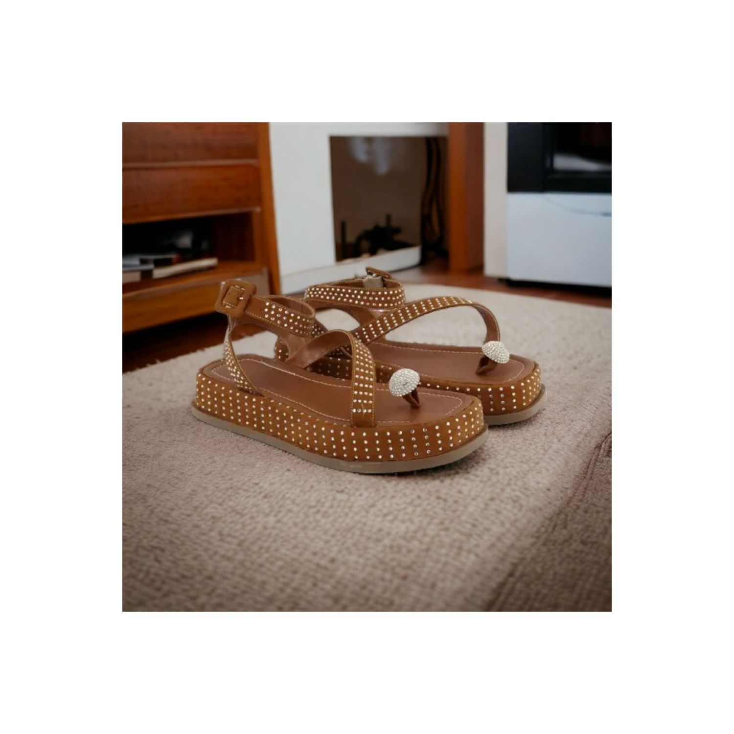Sandália Damers Feminina Flat Plataforma Strass 
