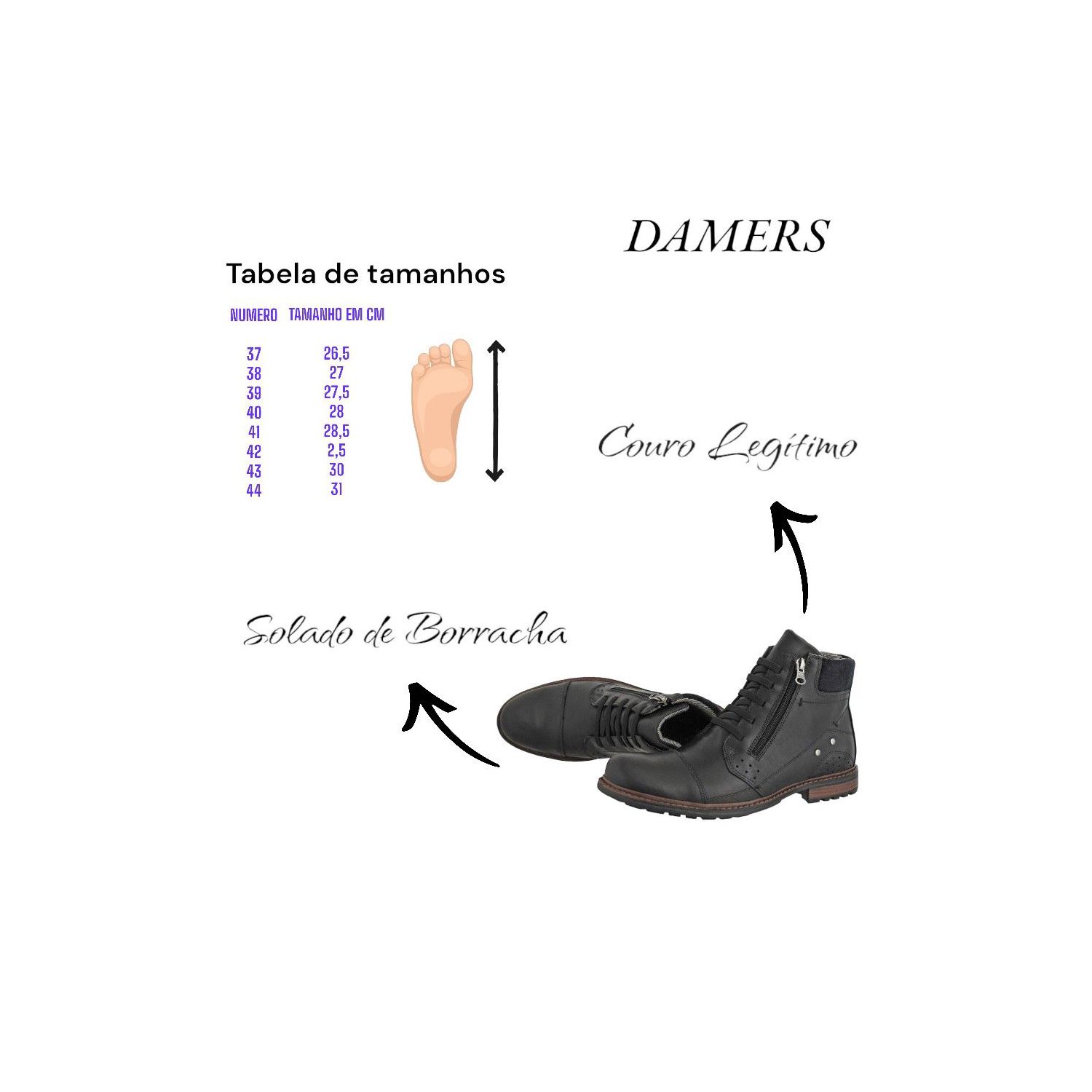 Coturno Damers Masculino De Couro Legítimo Zíper Lateral