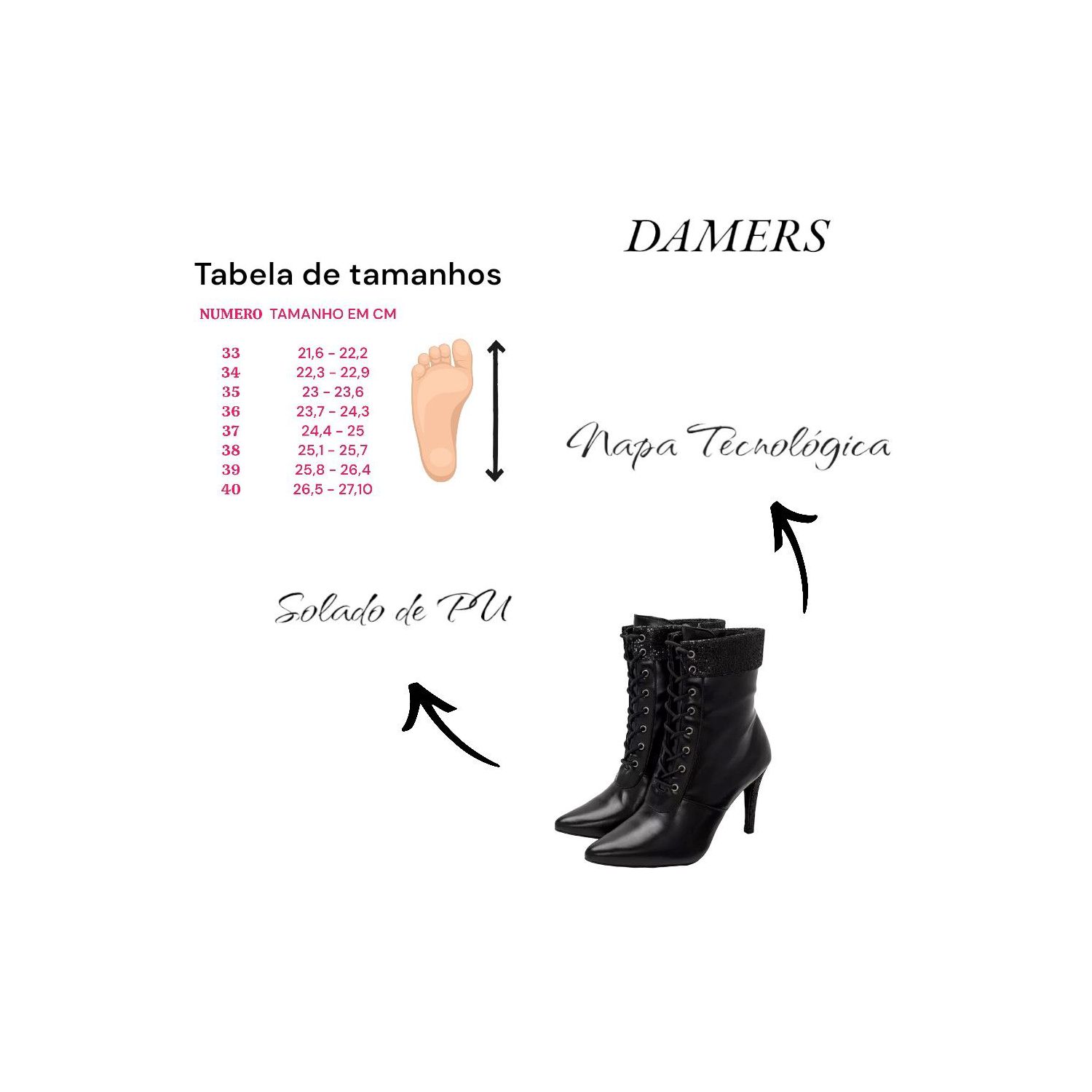 Bota Damers Feminina Bico Fino Cano Curto