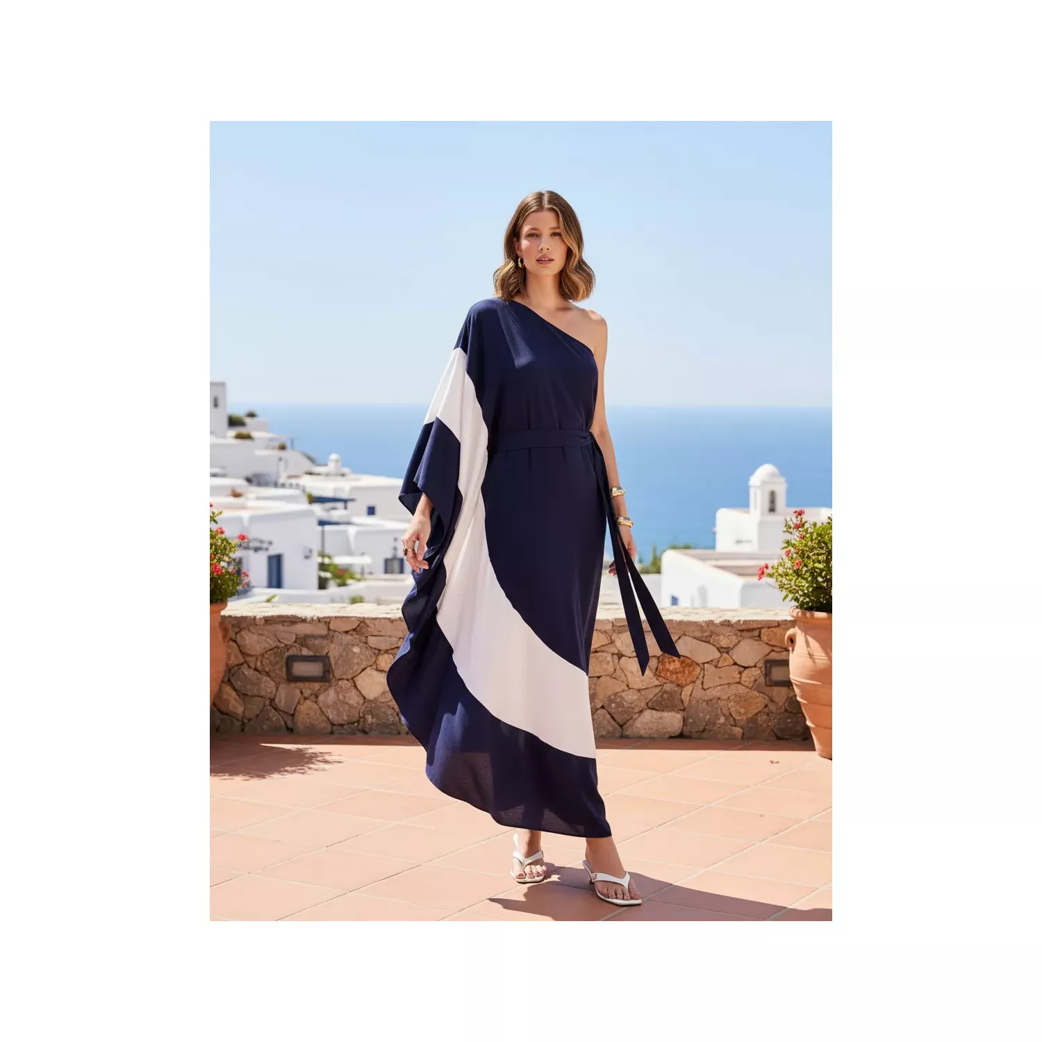 VESTIDO MANGA ÚNICA AZUL MARINHO E BRANCO 