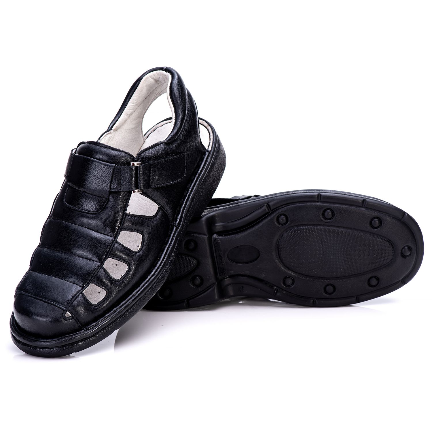 Sandália Masculina Bico Fechado Total Comfort Couro de Carneiro Preto com Palmilha de Gel Antiestresse