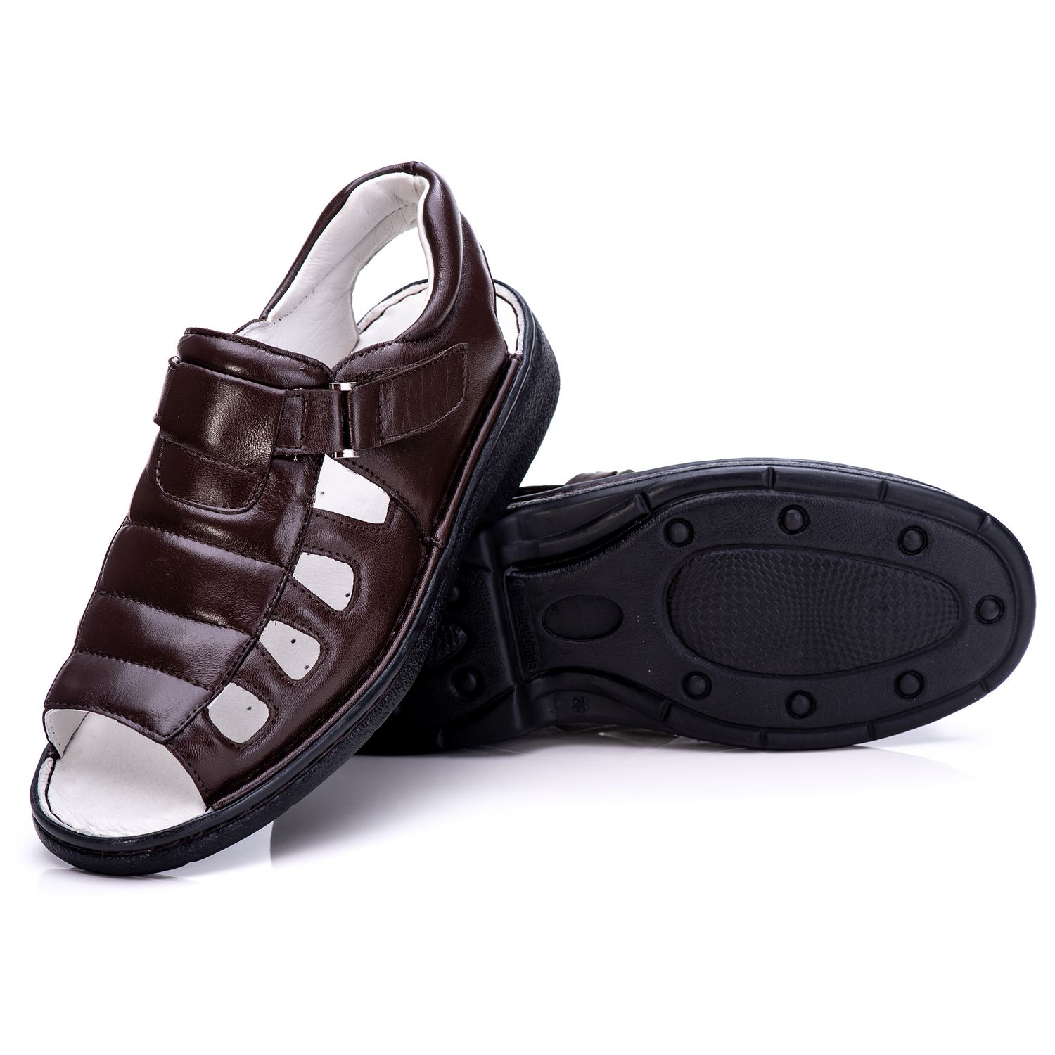 Sandália Masculina Bico Aberto Total Comfort Couro de Carneiro Café com Palmilha de Gel Antiestresse