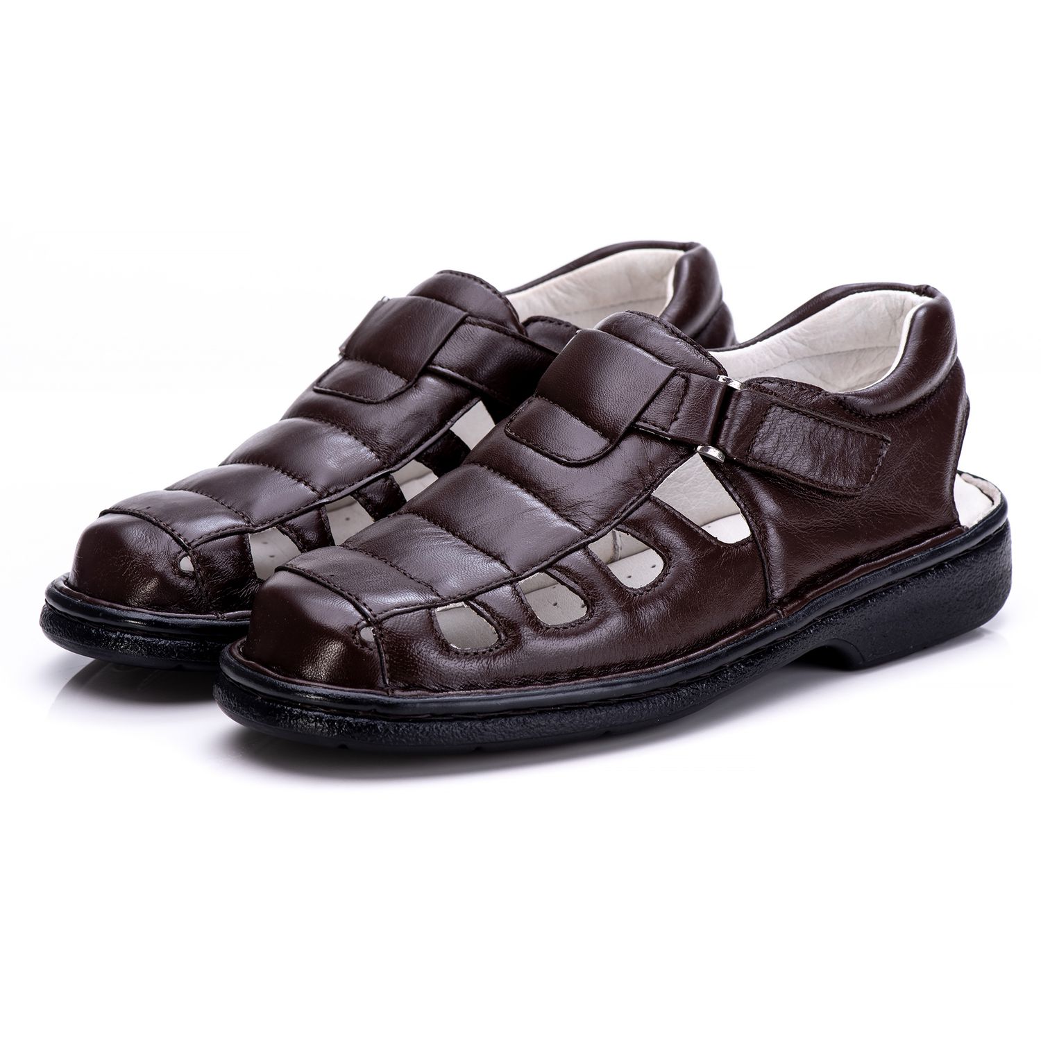 Sandália Masculina Bico Fechado Total Comfort Couro de Carneiro Café com Palmilha de Gel Antiestresse