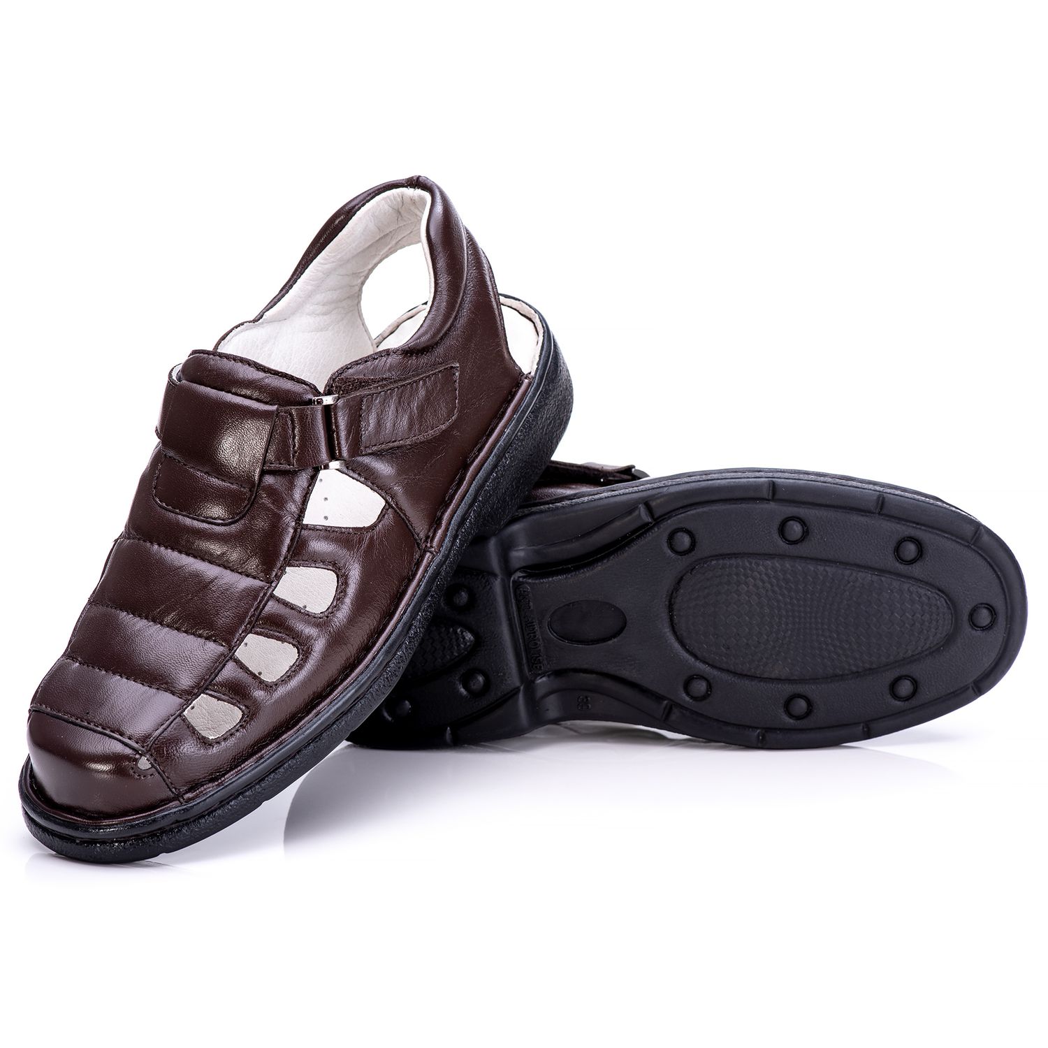 Sandália Masculina Bico Fechado Total Comfort Couro de Carneiro Café com Palmilha de Gel Antiestresse