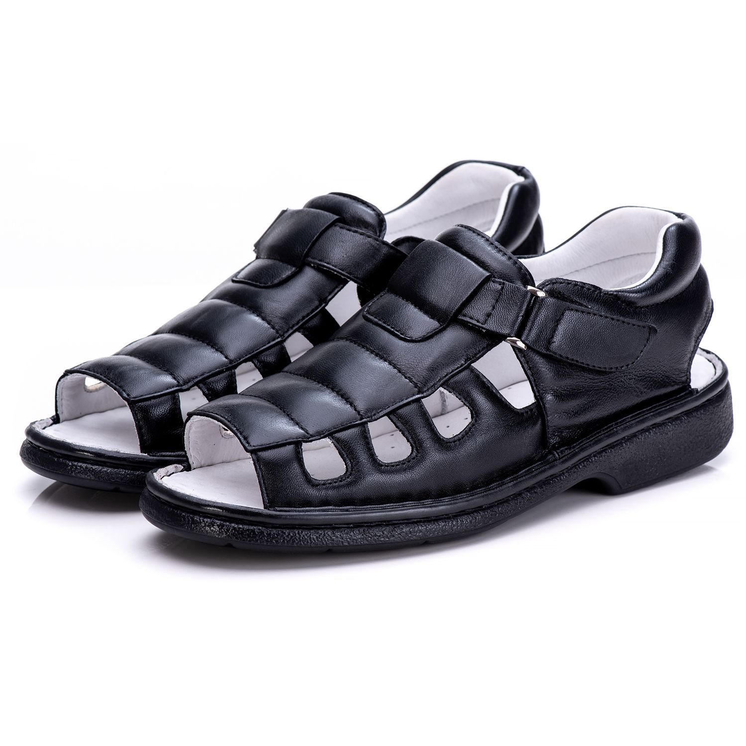 Sandália Masculina Bico Aberto Total Comfort Couro de Carneiro Preto com Palmilha de Gel Antiestresse