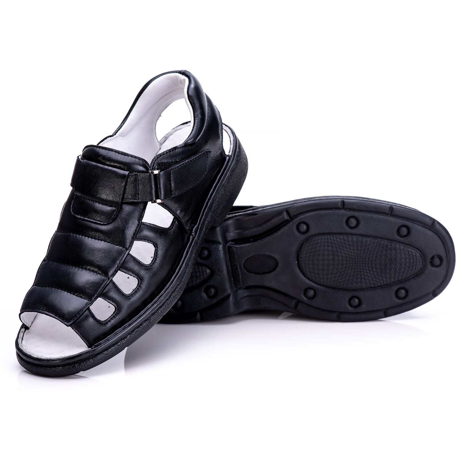 Sandália Masculina Bico Aberto Total Comfort Couro de Carneiro Preto com Palmilha de Gel Antiestresse
