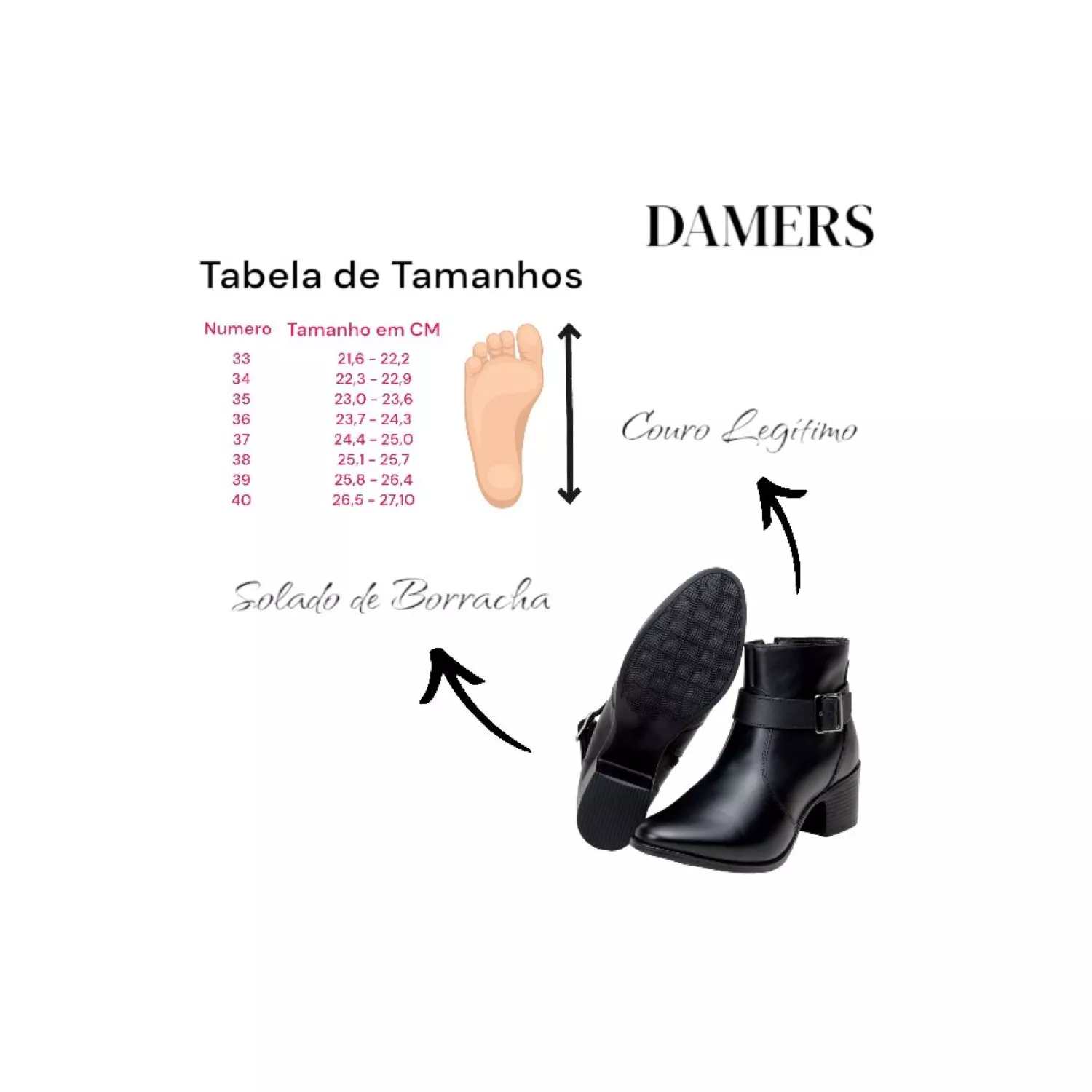 Bota Damers Feminina Cano Curto Couro Legítimo 3 em 1 Preto