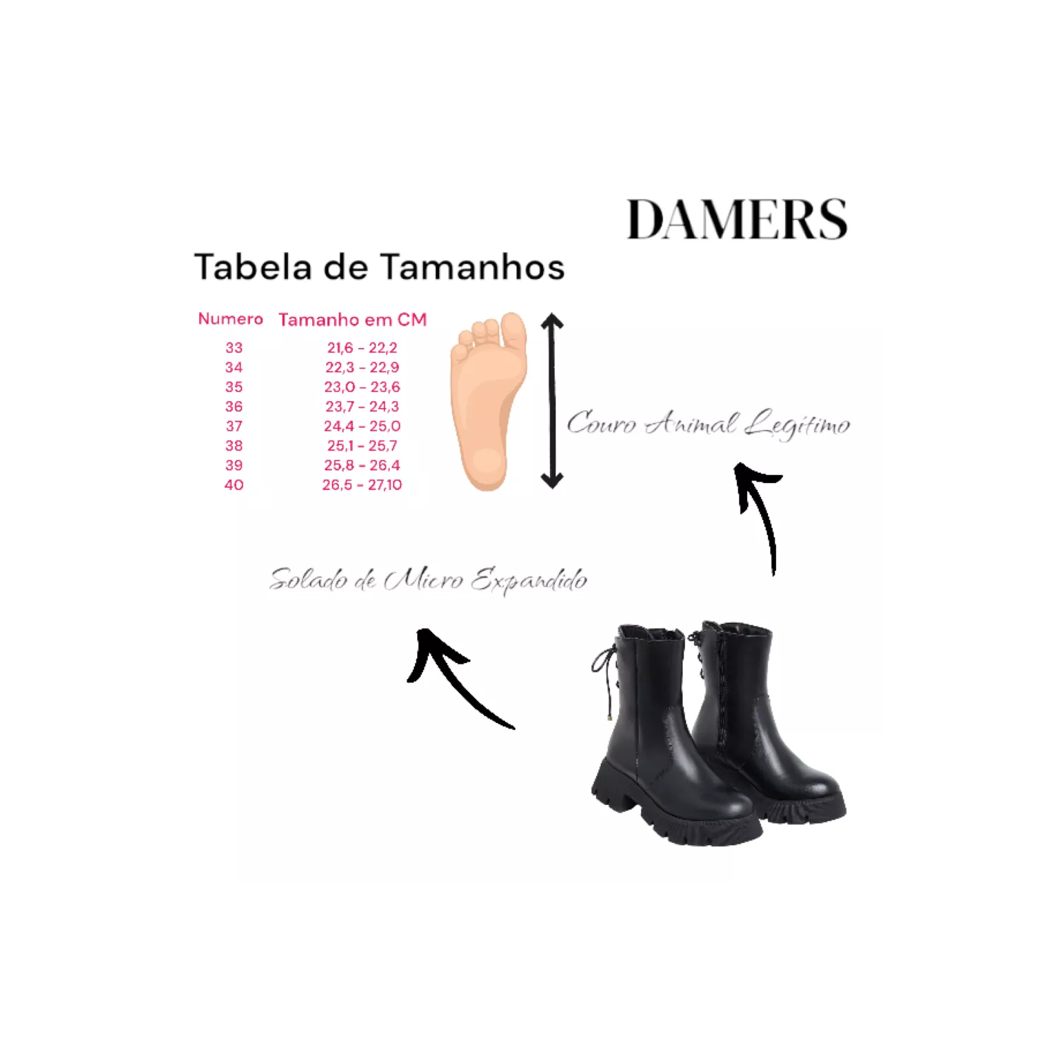 Bota Damers Feminina em Couro Legítimo Fechamento Zíper interno super Conforto