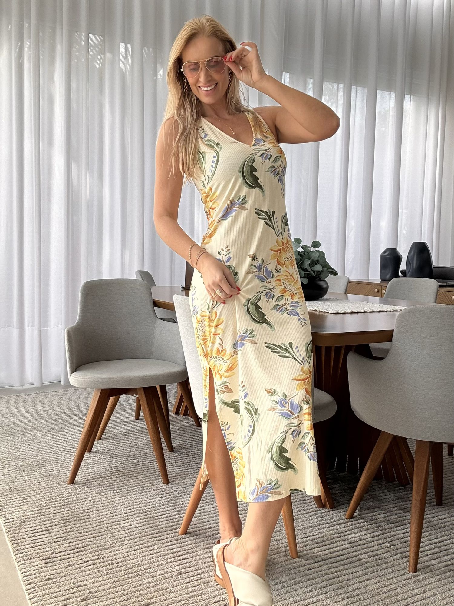 Vestido Lez a Lez Midi Em Malha Canelada Amarelo 0208 