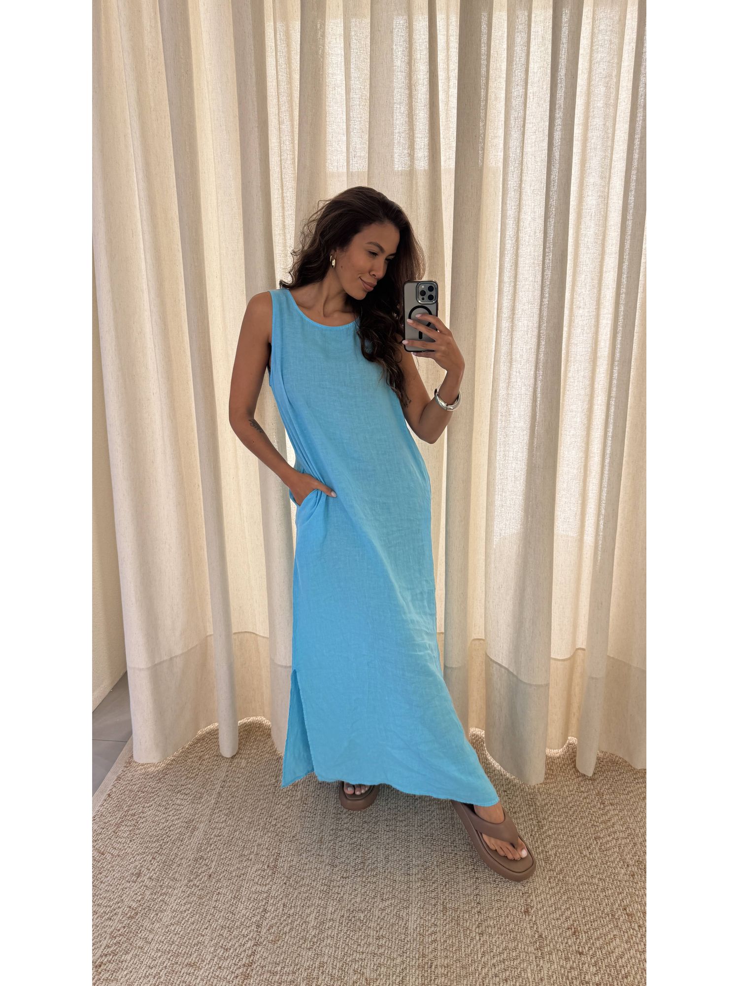 Vestido Regata 100% Italiano Reto Com Bolsos Azul Turquesa 1509 (29990)
