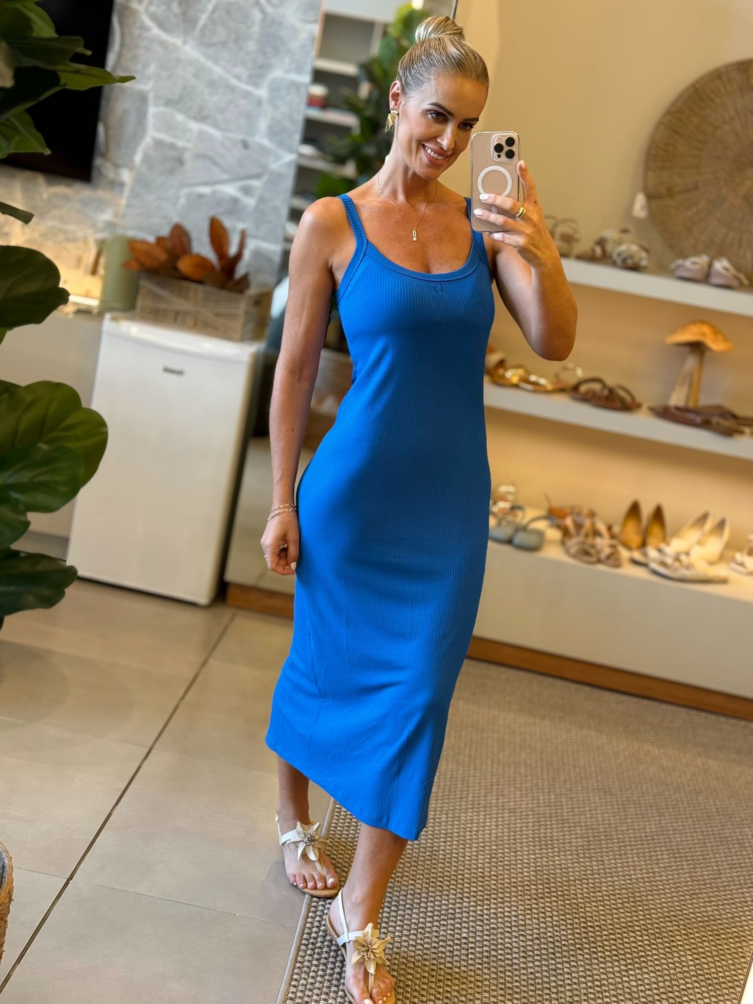 Vestido Lez a Lez Midi Em Malha Canelada Azul 0311