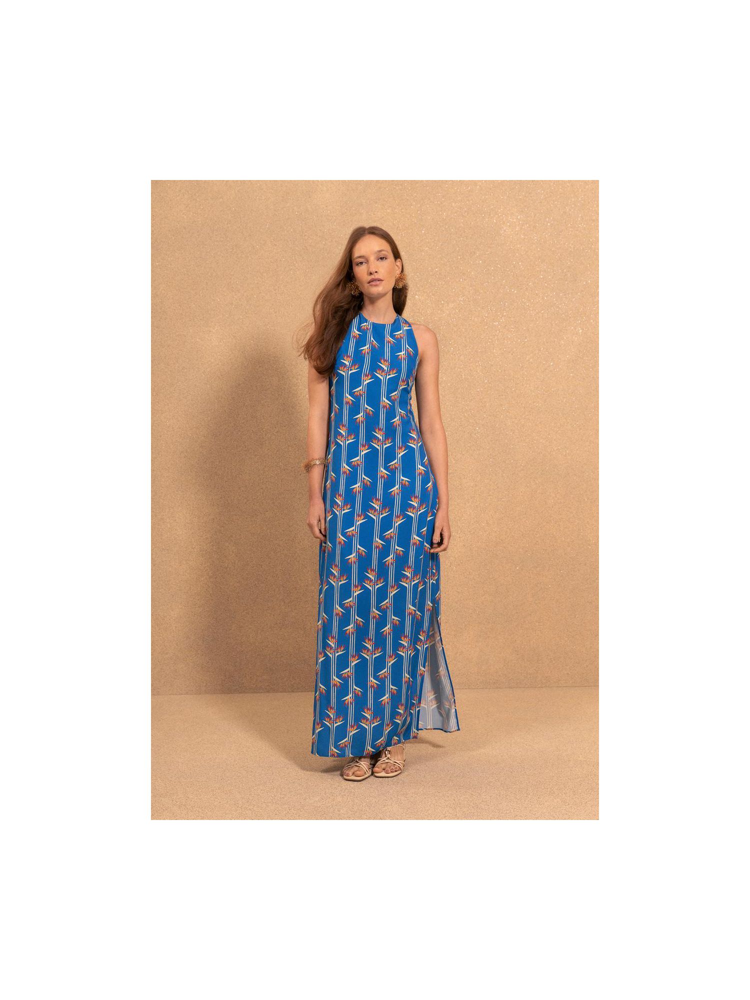 Vestido Lez a Lez Estampado Com Alças Cruzadas Nas Costas Azul 3110 