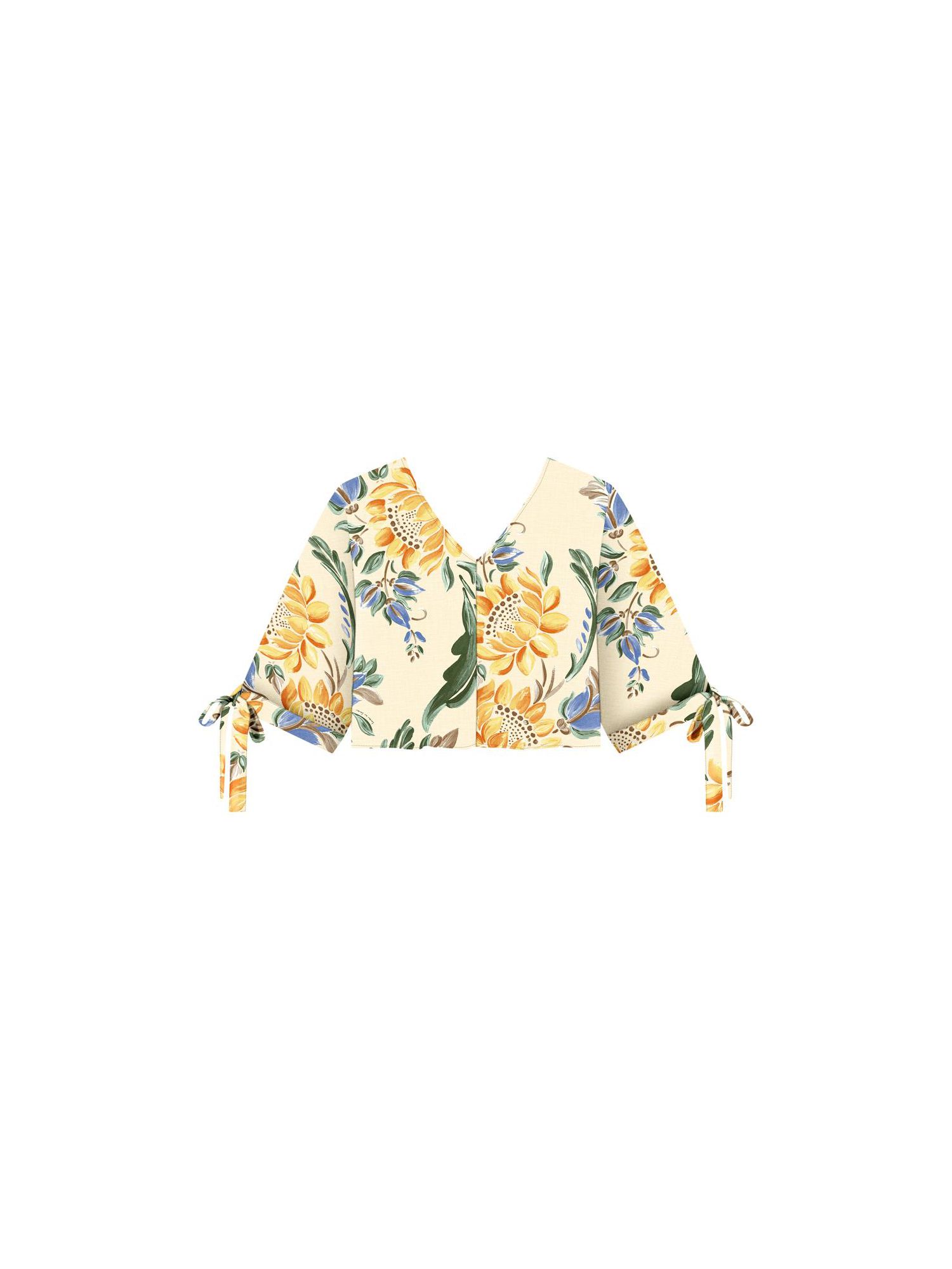 Blusa Lez a Lez Curta Estampada com Mangas 3/4 e Amarrações Bege 1007 
