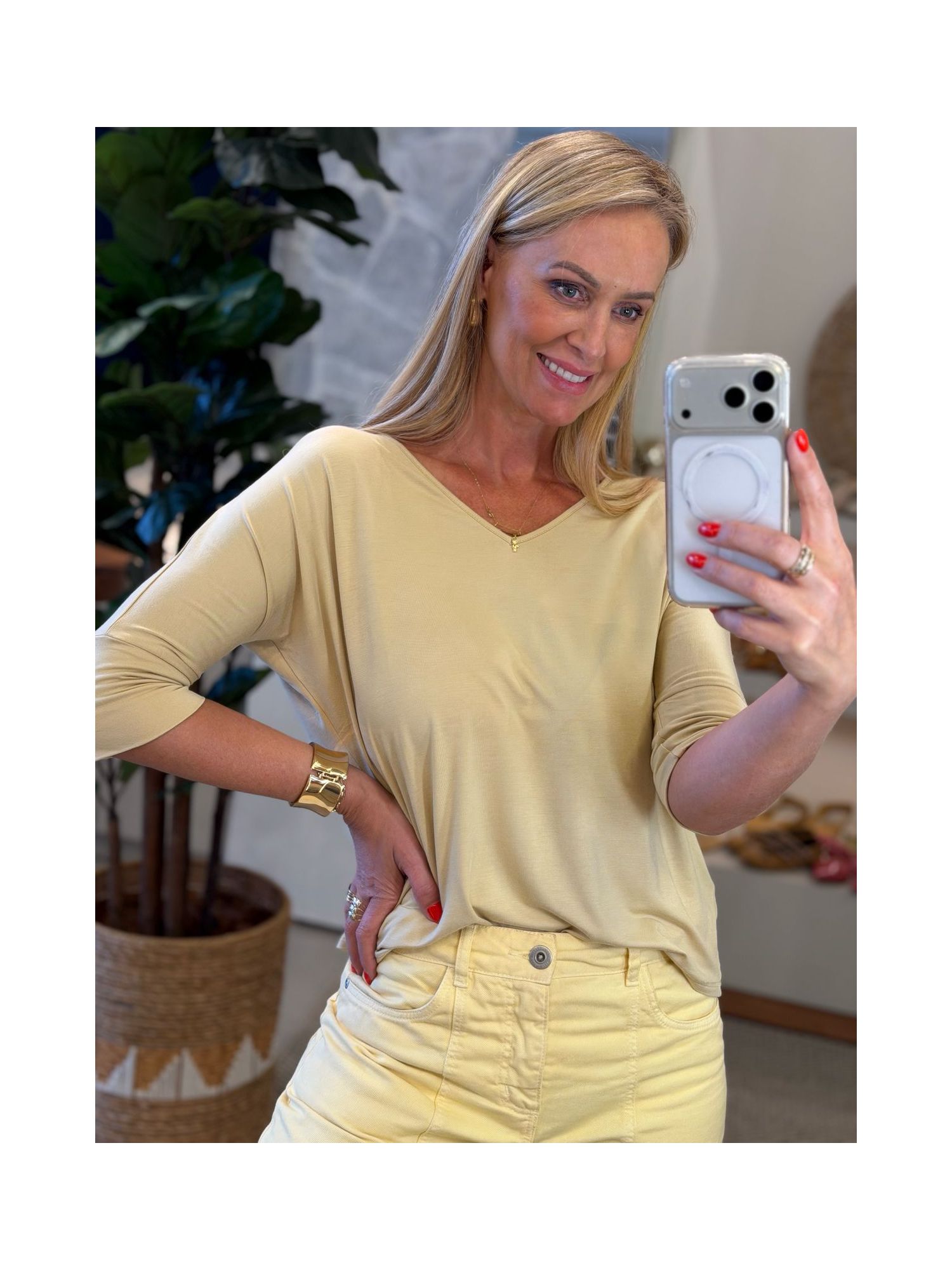 T Shirt Youbasic Manga 3/4 Com Gola V Pequim Bege Claro 0202