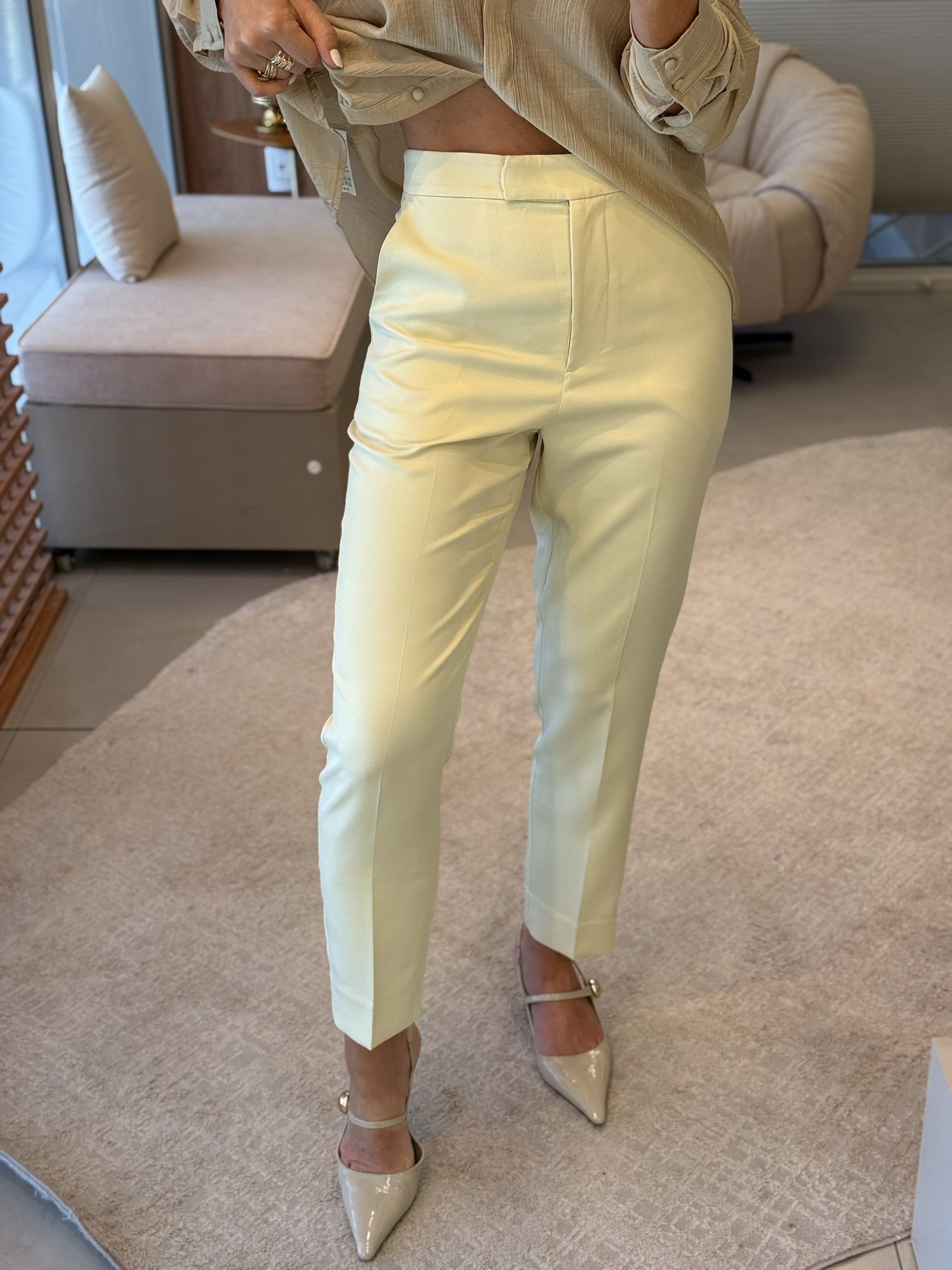 Calça Lez a Lez De Cintura Alta Alfaiataria Creme 2810