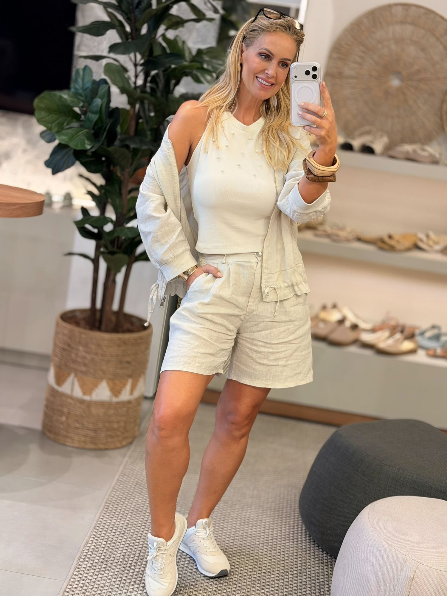 Conjunto De Bermuda E Bomber Em Linho 100% Italiano Cru 1512