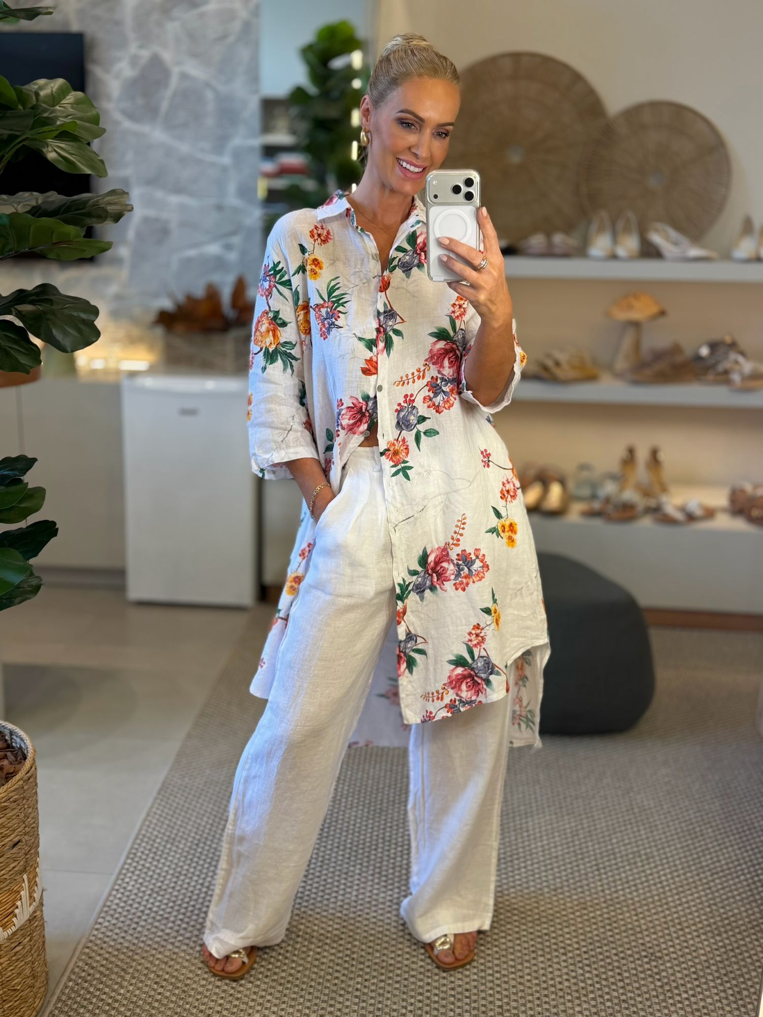 Chemise MS 100% Linho Italiano Floral Izadora Off White 1612