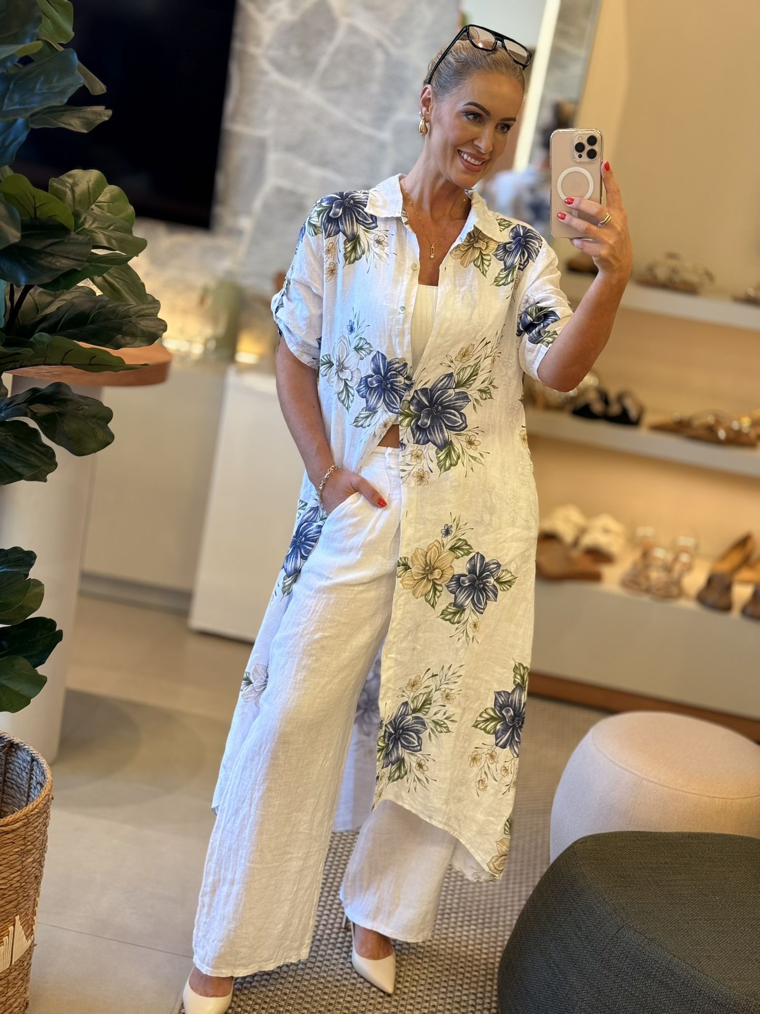 Chemise MS 100% Linho Italiano Floral Off E Azul Izadora 1811