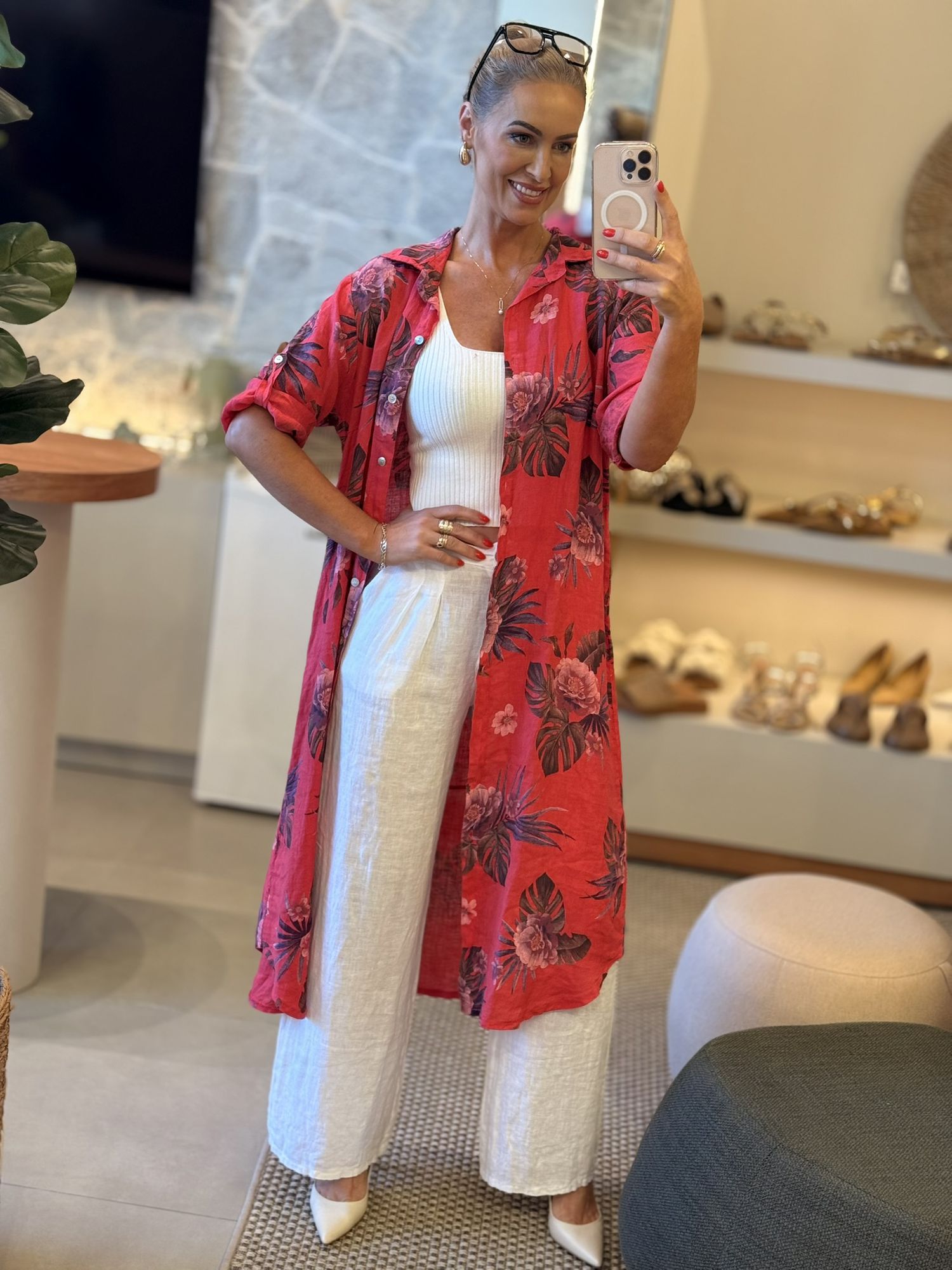 Chemise MS 100% Linho Italiano Floral Vermelho Izadora 1811 