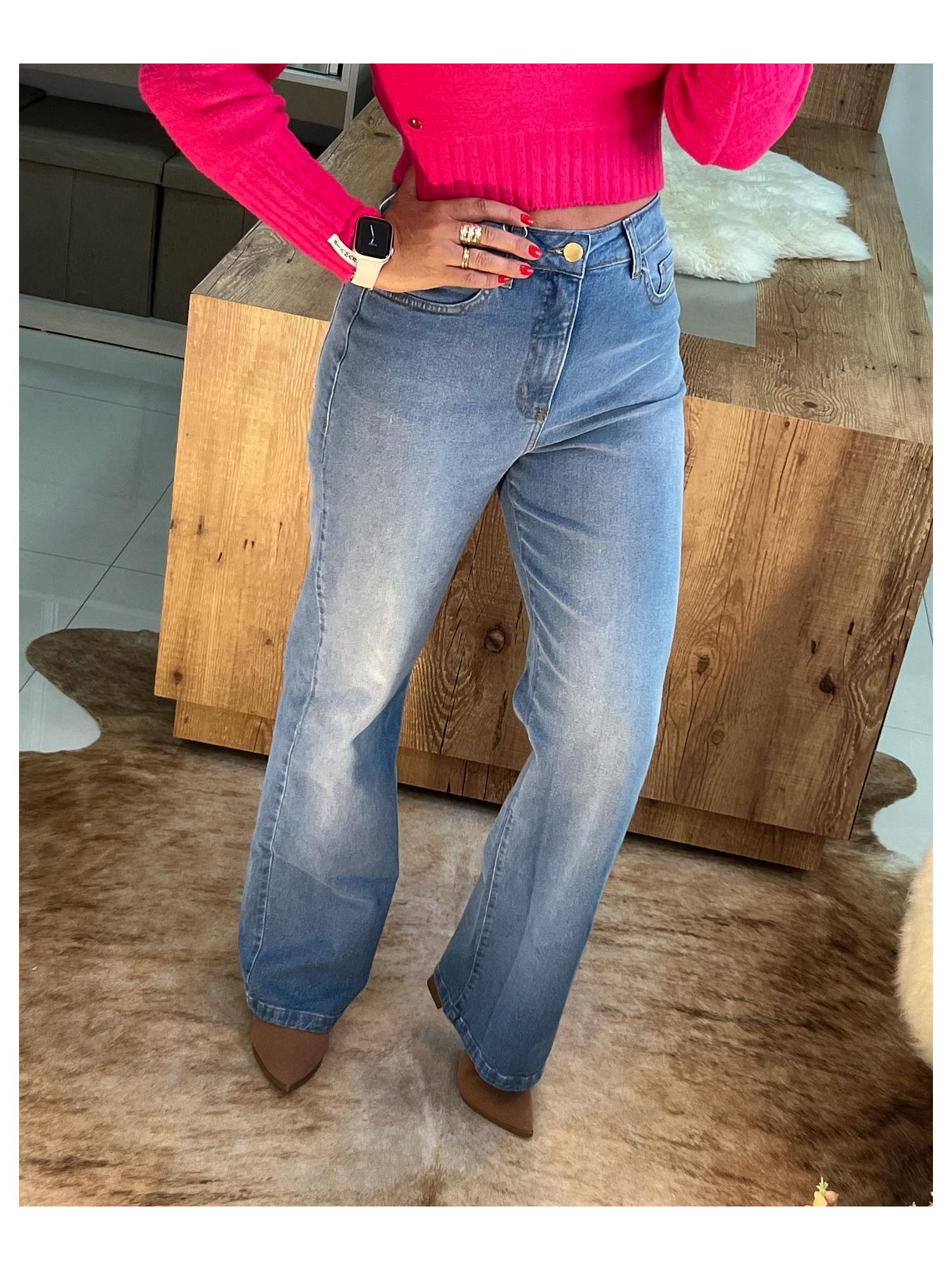 Calça Jeans Wide Leg Cintura Alta