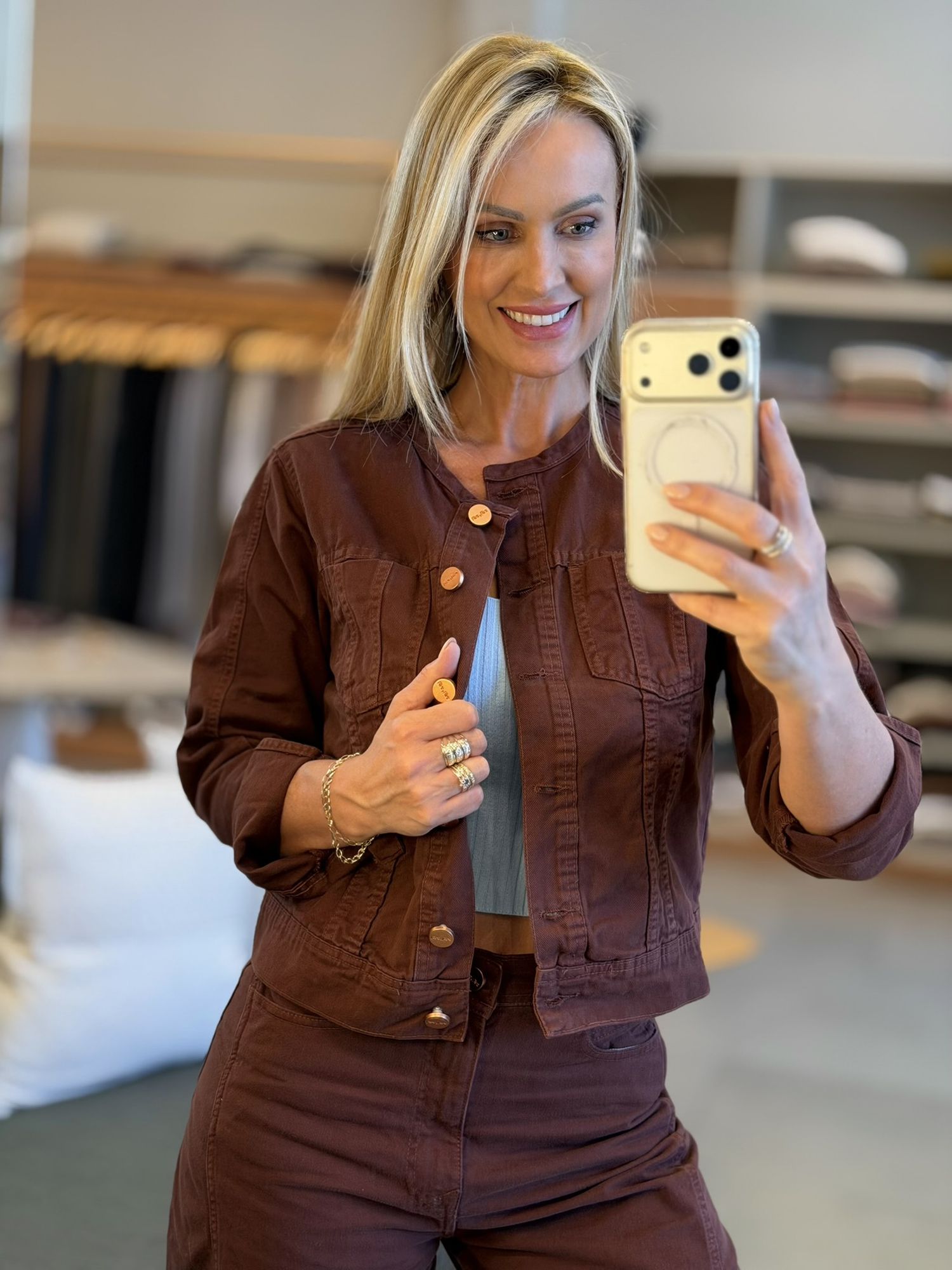 Jaqueta Lez a Lez De Mangas Longas Em Sarja Com Bolsos Marrom 2602