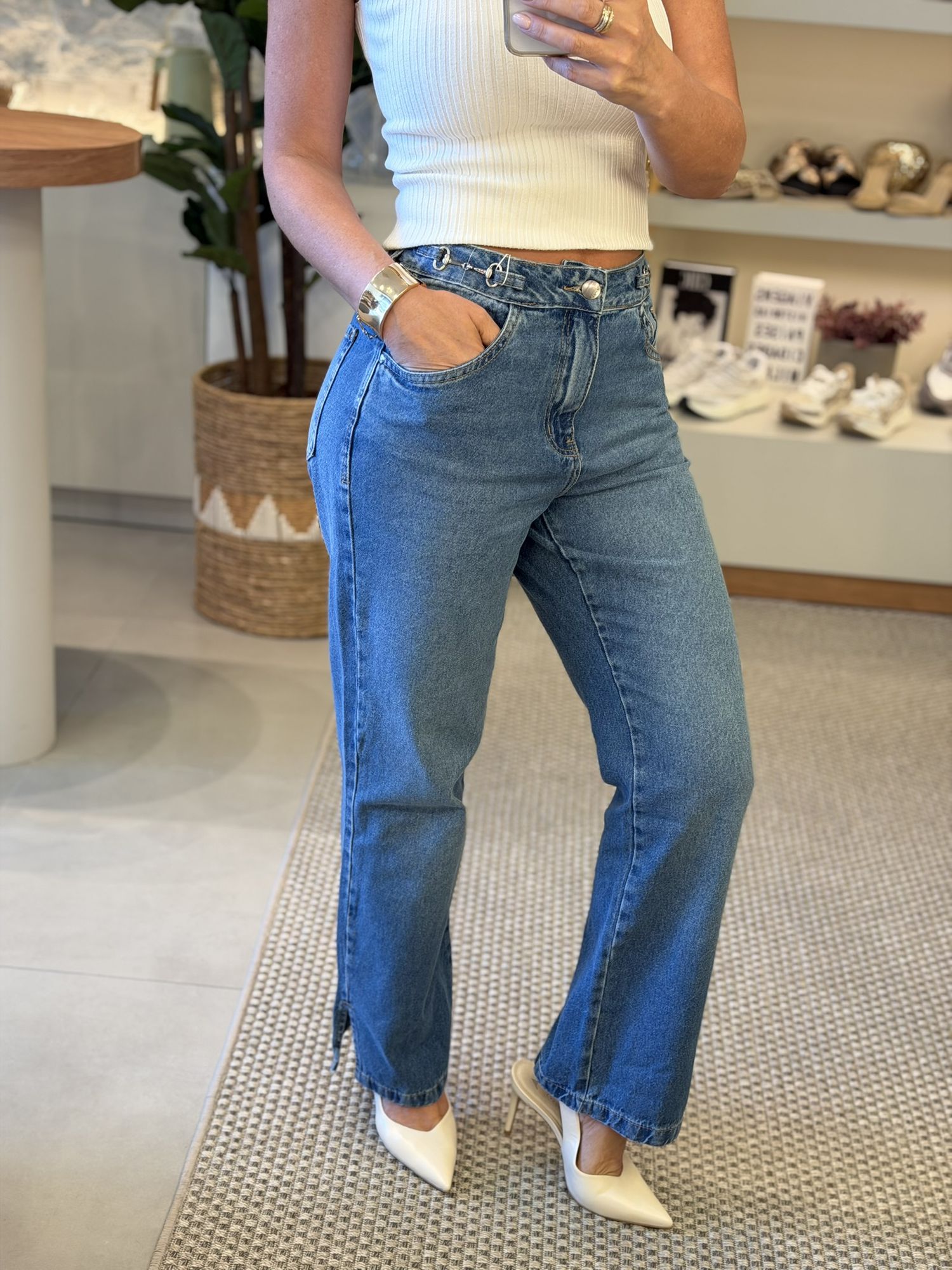 Calça Lez a Lez Jeans Reta De Cintura Alta Com Detalhes Nas Laterais 0403