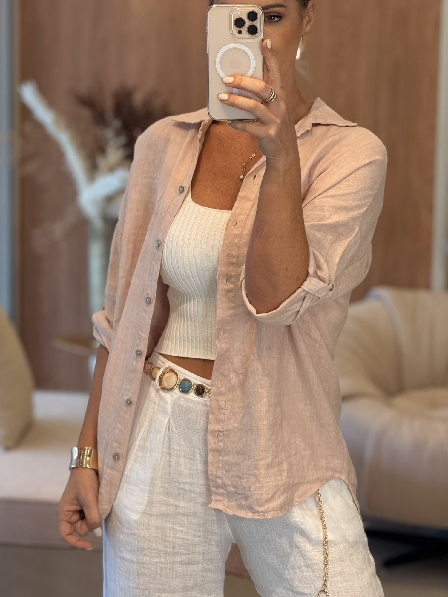 Camisa Lisa Em Linho 100% Italiano Rosa Laura 1310 