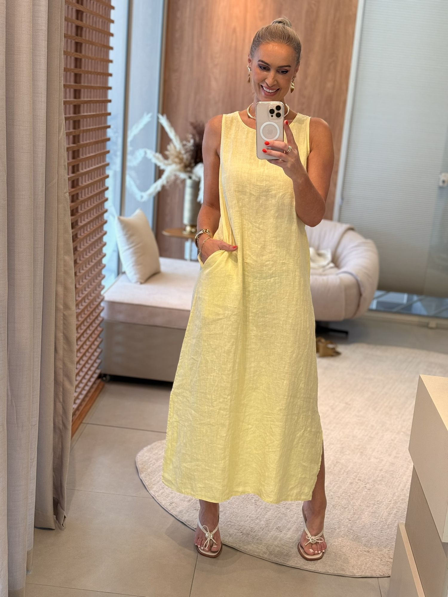 Vestido Midi Em Linho 100% Italiano Amarelo 2510 