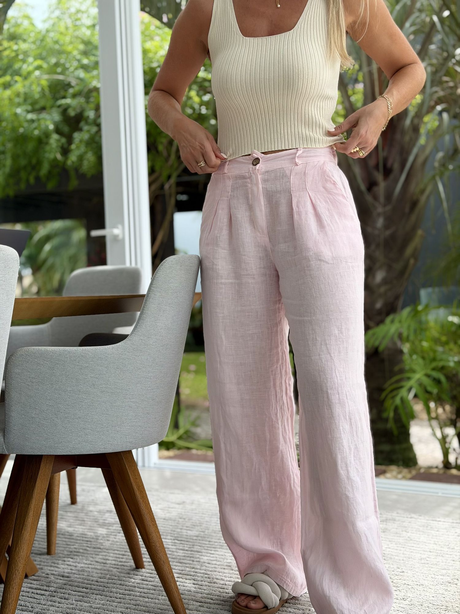 Calça De Linho 100% Italiano Cris Rosa 2112