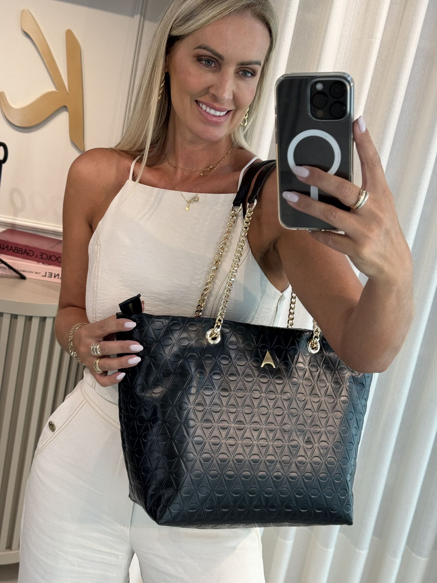 Bolsa Grande Com Zíper Em Couro Preto 