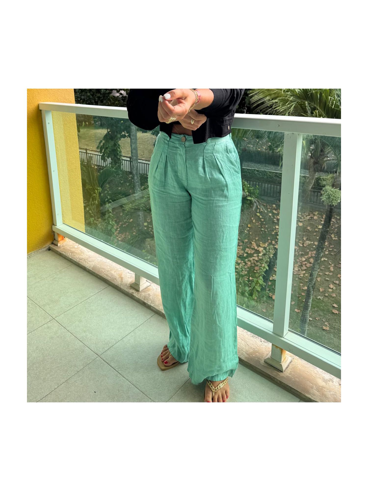Calça De Linho 100% Italiano Cris Menta