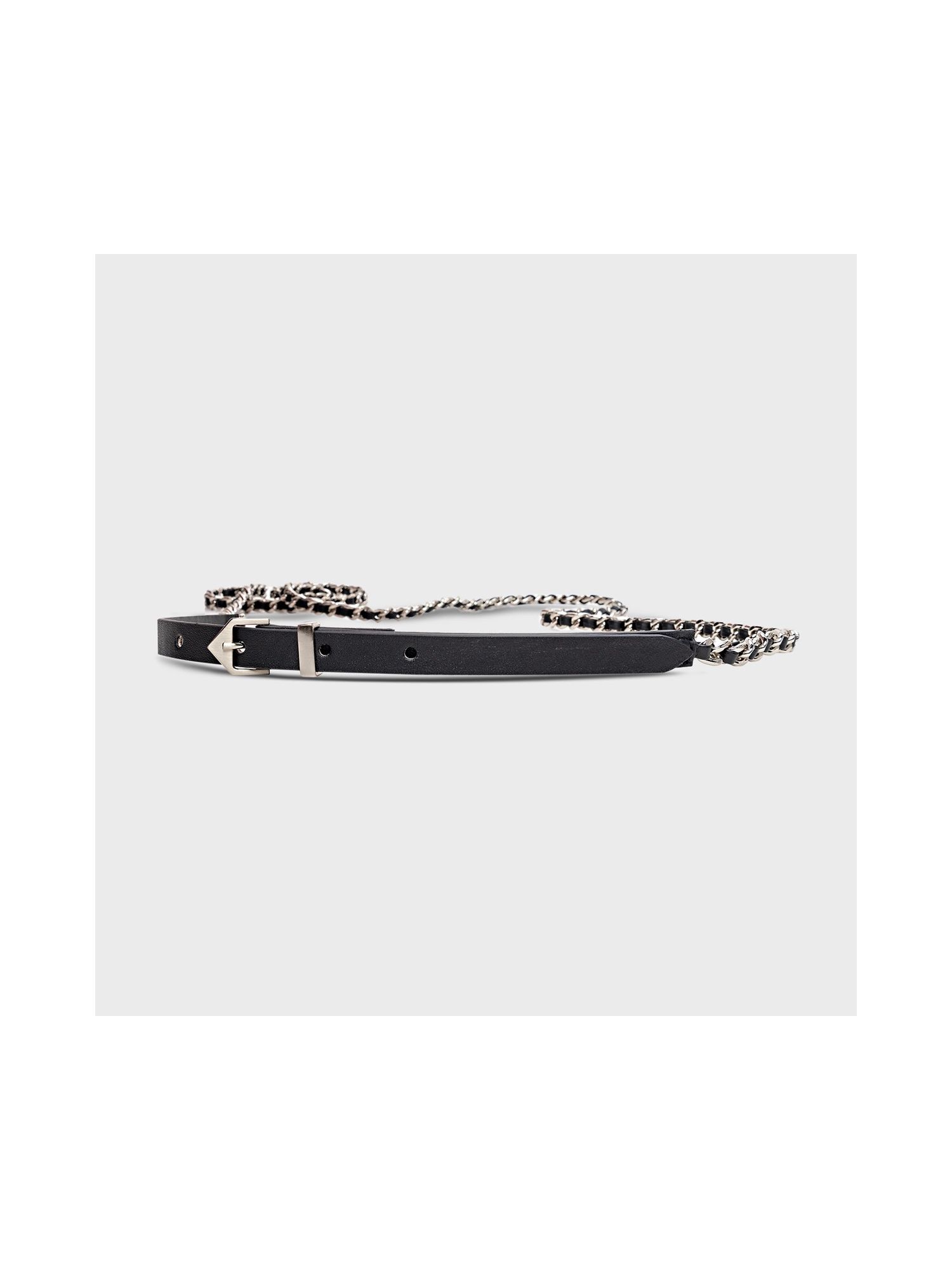 Cinto Duplo Chain Prata Fino Couro Preto