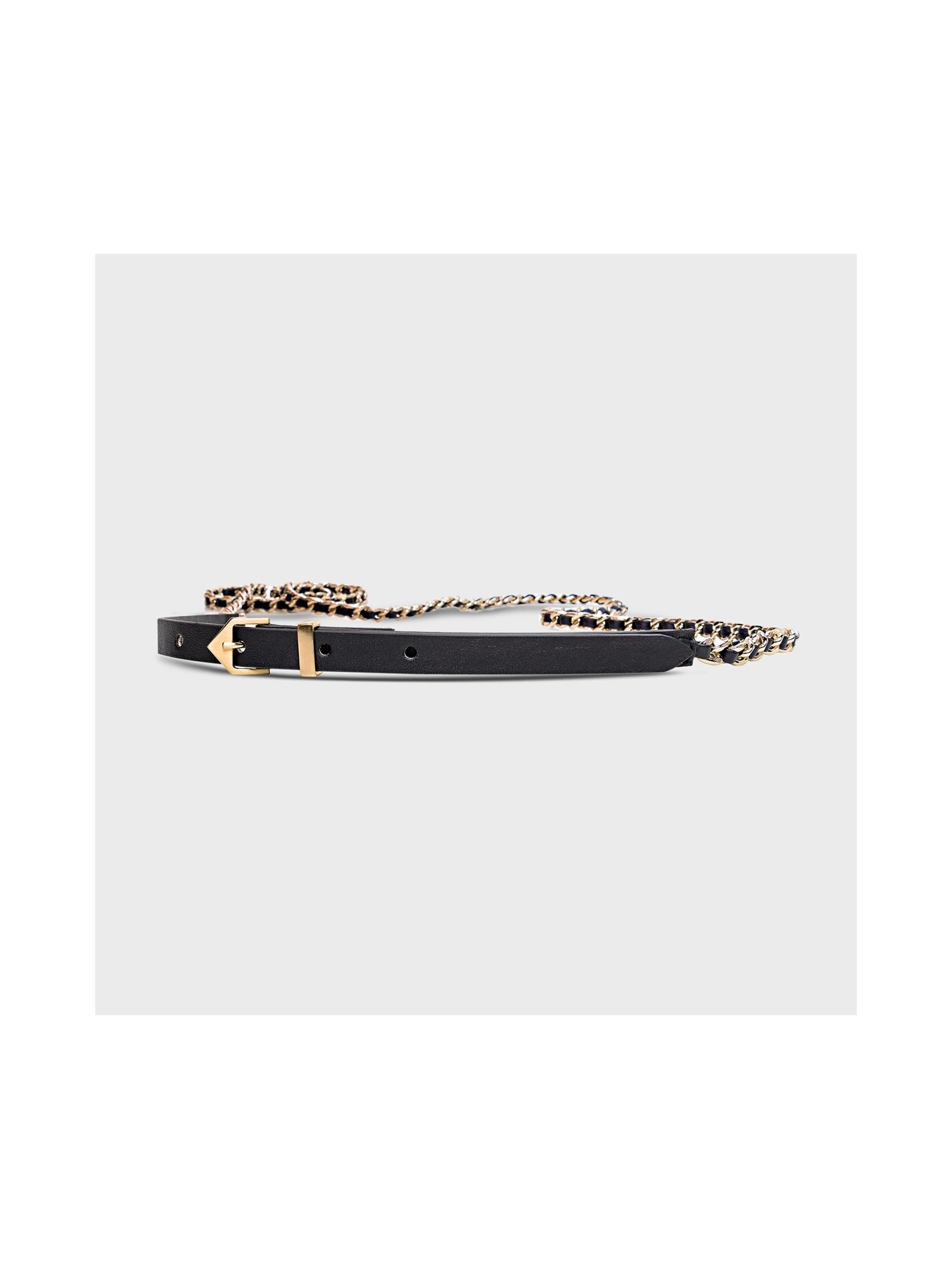 Cinto Duplo Chain Ouro Fino Couro Preto 