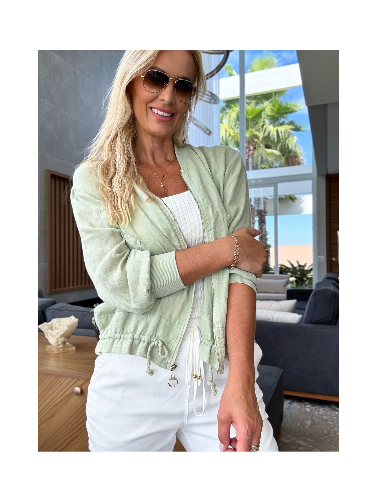 Jaqueta Bomber De Linho 100% Italiano Verde 